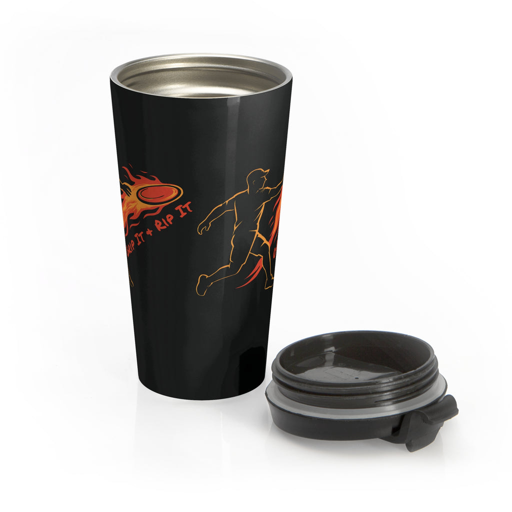 A black travel mug with its lid next to the mug featuring a graphic design of a person throwing a disc golf disc with flames coming off the disc and text 'Grip It or Rip It' against a white background.
