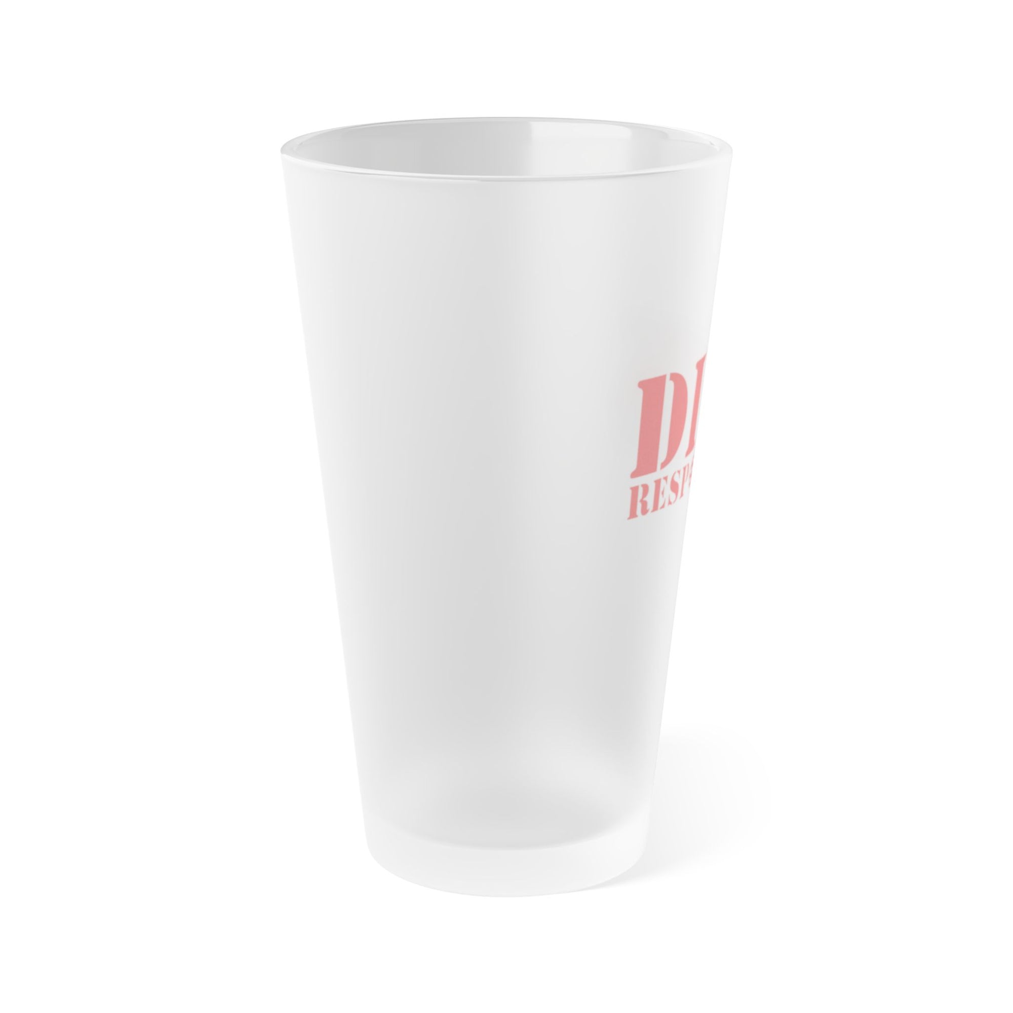 Side view of a frosted pint glass with "Dink Responsibly" with a pickleball replacing the "O" in "Responsibly," on a white background.