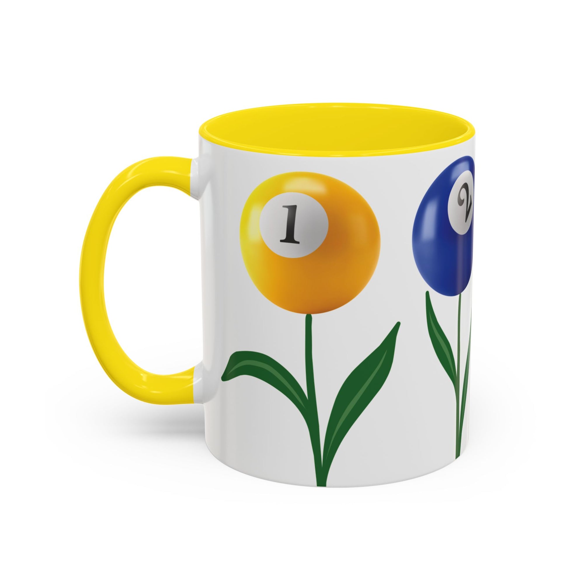A white ceramic coffee mug with yellow accents on the handle and interior, with four colorful flowers made out of billiards balls with green stems, on a white background
