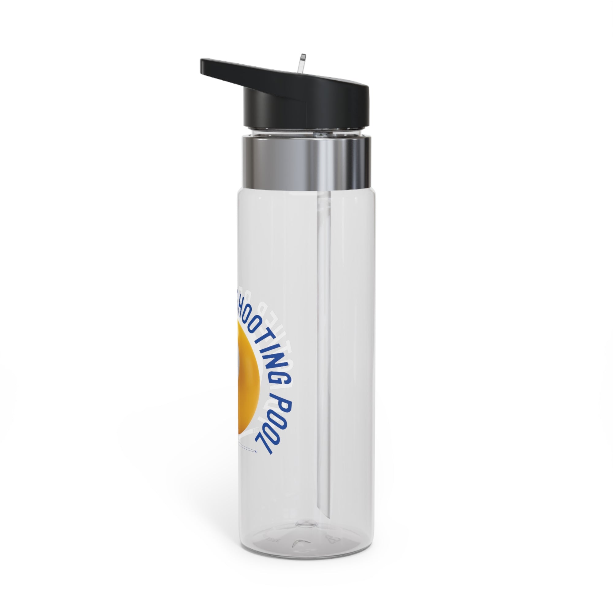 Side view of a clear water bottle with a lid and straw with a yellow billiards ball and cue stick graphic and the text "I'd Rather Be Shooting Pool" on a white background