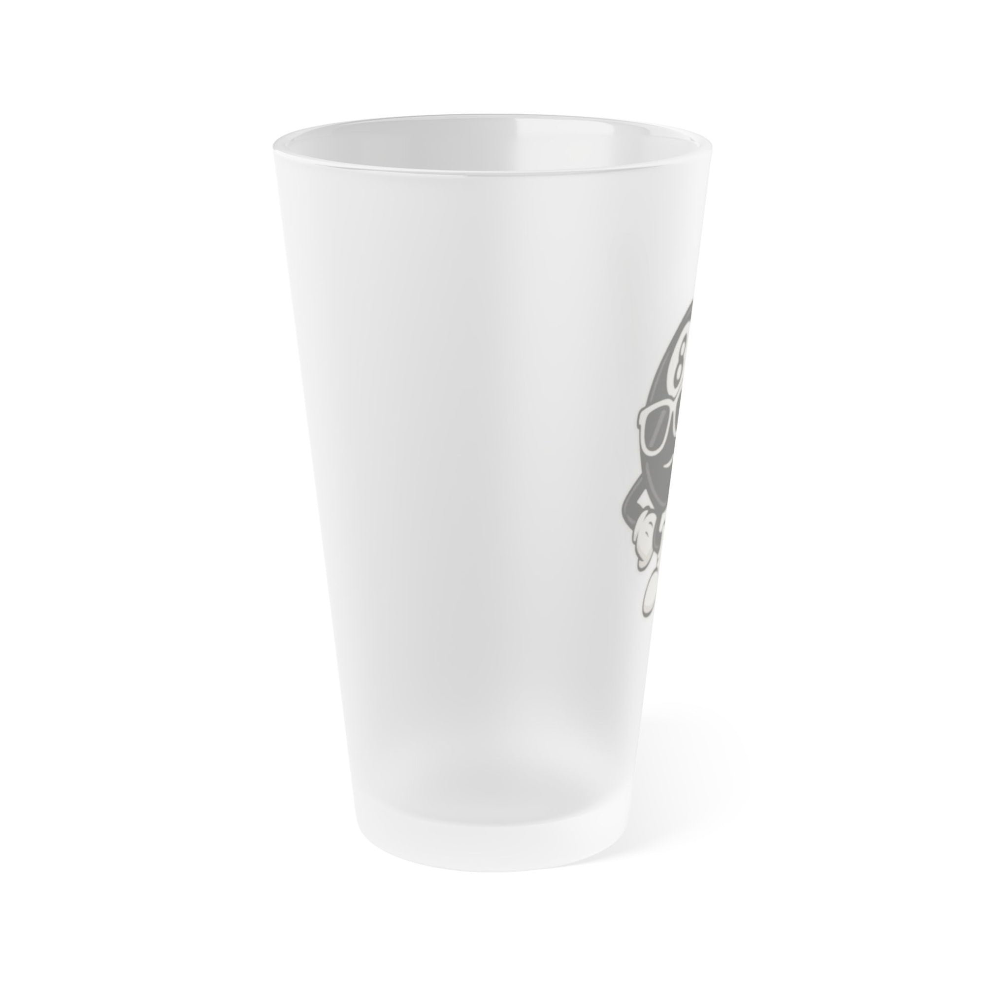 The side view of a frosted pint glass featuring a graphic of a cartoon billiards 8 ball with arms and legs and wearing sunglasses and leaning on a cue stick, on a white background