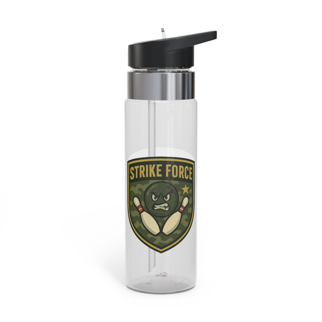 A clear water bottle with black lid, with bowling 'Strike Force' military-style patch on a white background