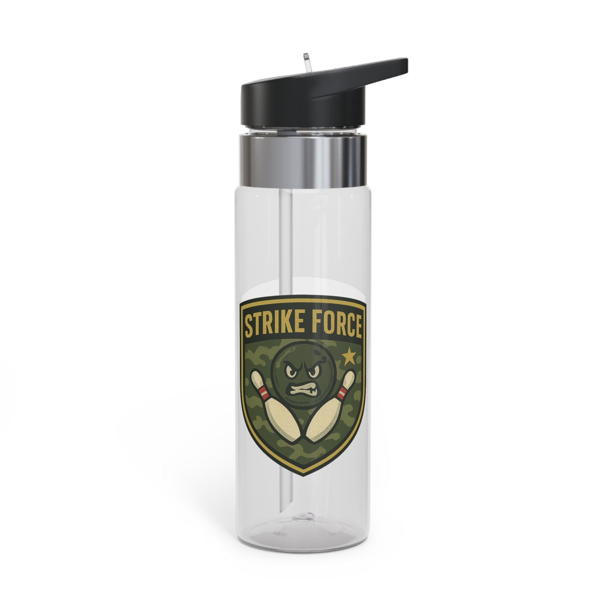 A clear water bottle with black lid, with bowling 'Strike Force' military-style patch on a white background