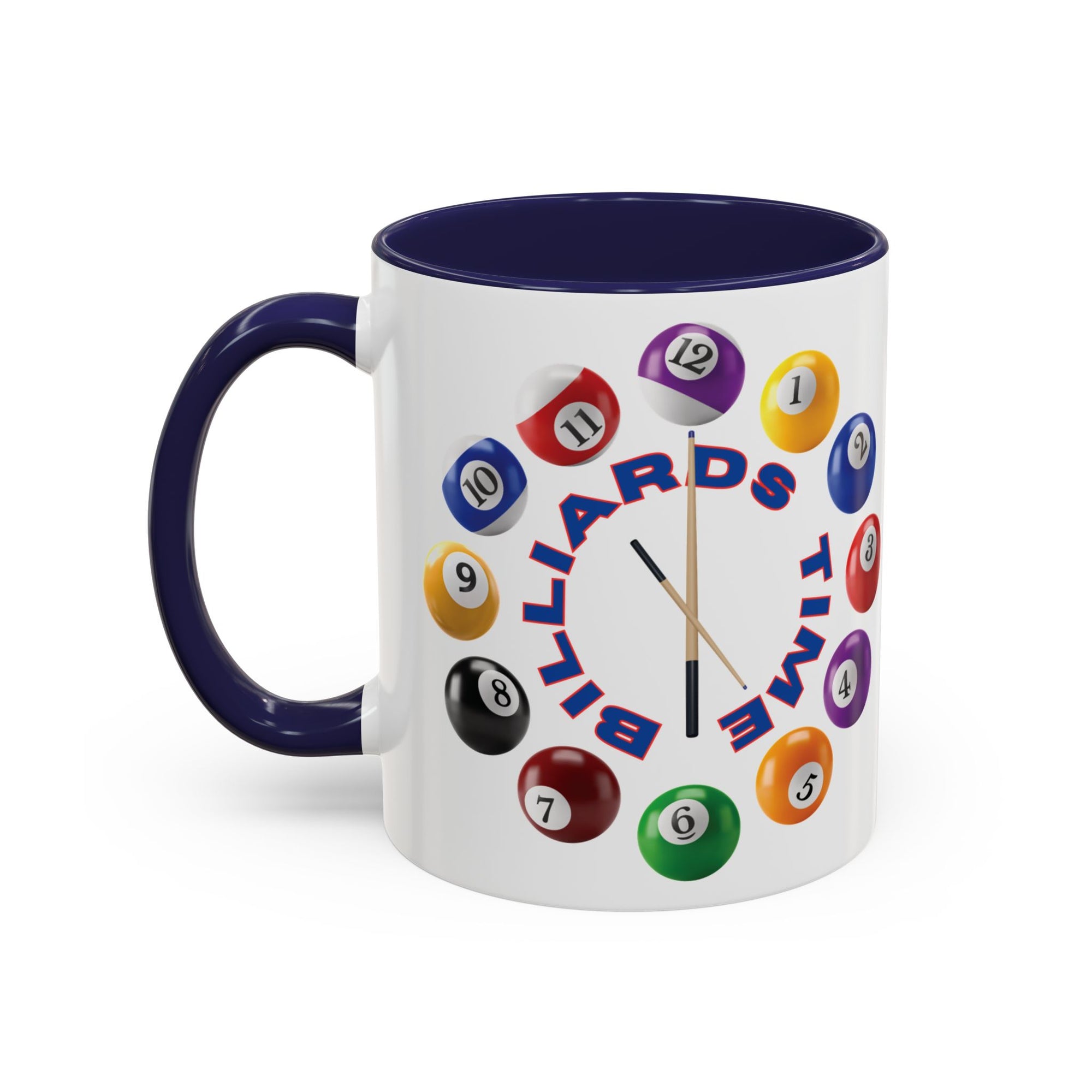 A white ceramic coffee mug with dark blue accents on the handle and interior, with the text "Billiards Time" surrounded by a clock made up of colorful billiard balls and cue sticks, on a white background