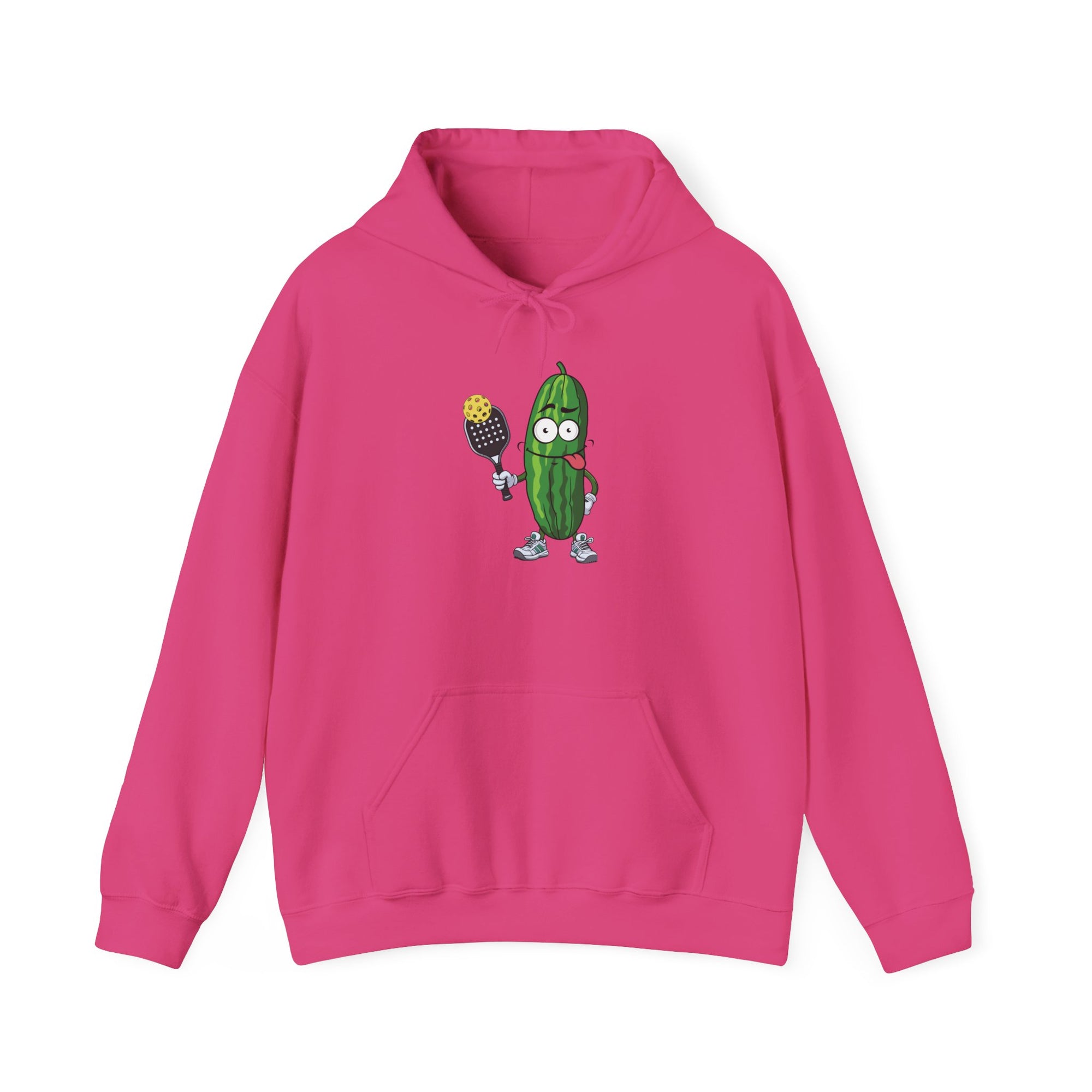 Pink hoodie with a cartoon pickle with googly eyes and his tongue sticking out, holding a pickleball paddle with a yellow pickleball, against a white background