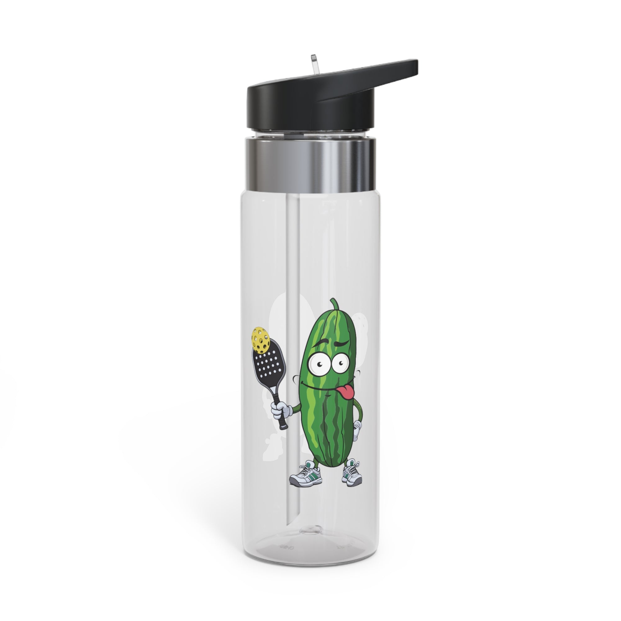 A clear water bottle with lid featuring a cartoon pickle with googly eyes and his tongue sticking out, holding a pickleball paddle with a yellow pickleball, against a white background