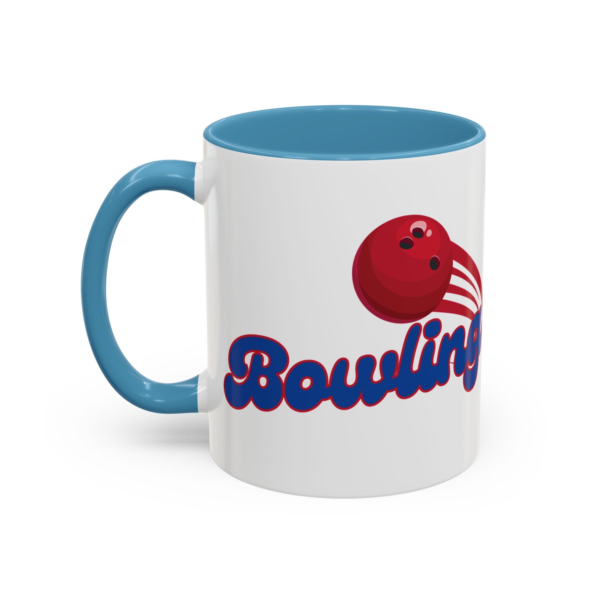 A white ceramic coffee mug with light blue accents on the handle and interior, with a red bowling ball graphic and 'Bowling' text on a white background