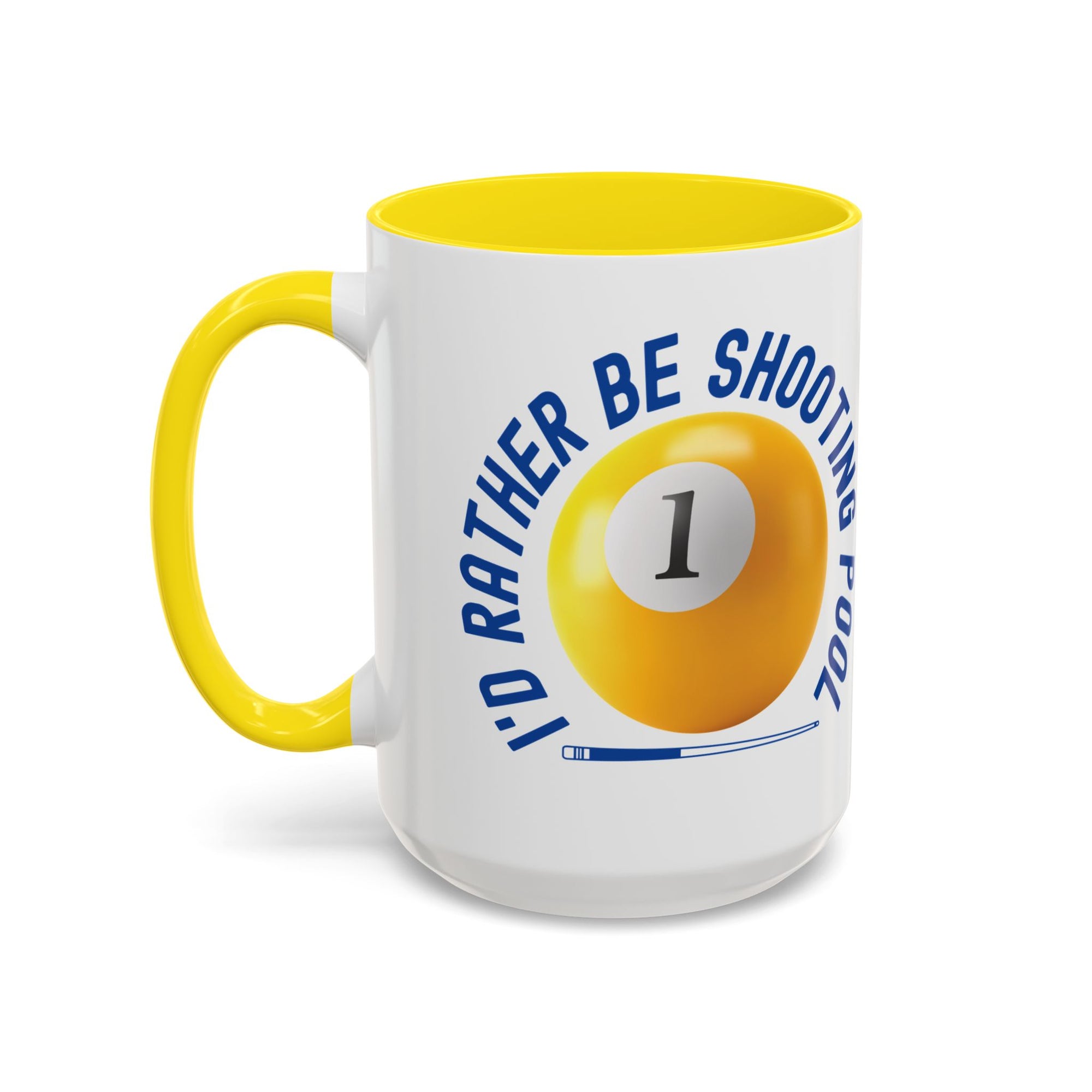 Ceramic coffee mug with yellow accents on the handle and interior, with a yellow billiards ball and cue stick graphic and the text "I'd Rather Be Shooting Pool" on a white background