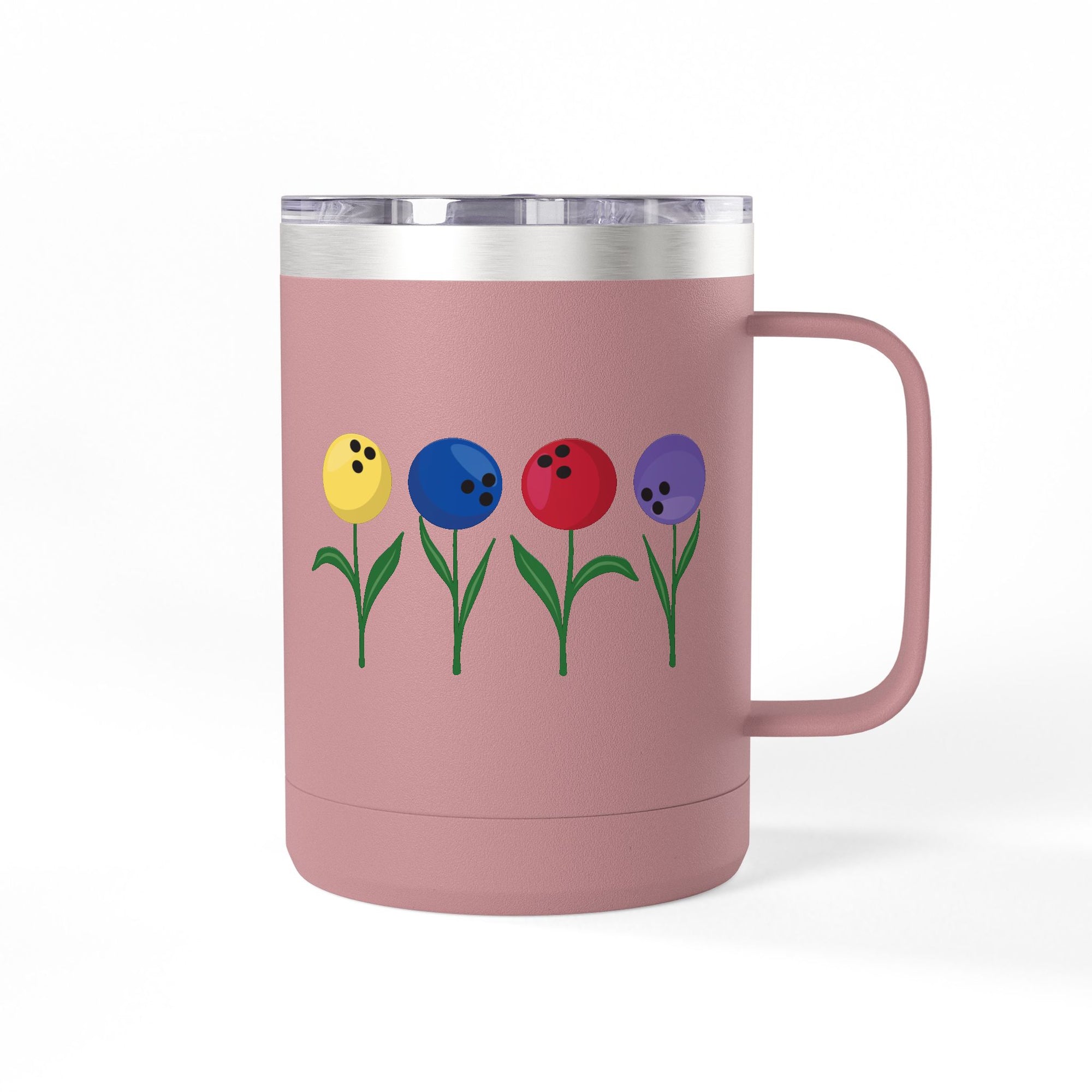 A pink travel mug tumbler with lid and handle, with colorful flowers made out of bowling balls, on a white background