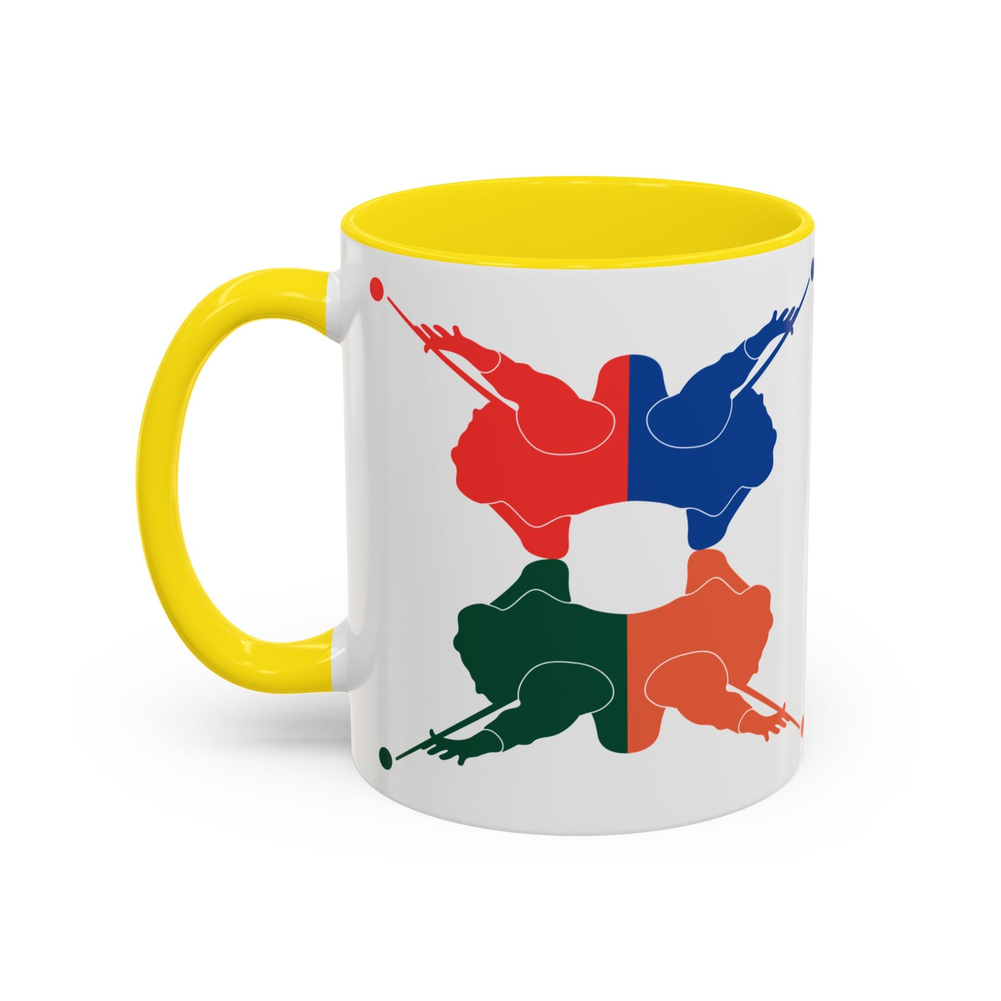 A white ceramic coffee mug with yellow accents on the handle and interior, with colorful graphic of 4 billiards player silhouettes in a pop art style, against a white background