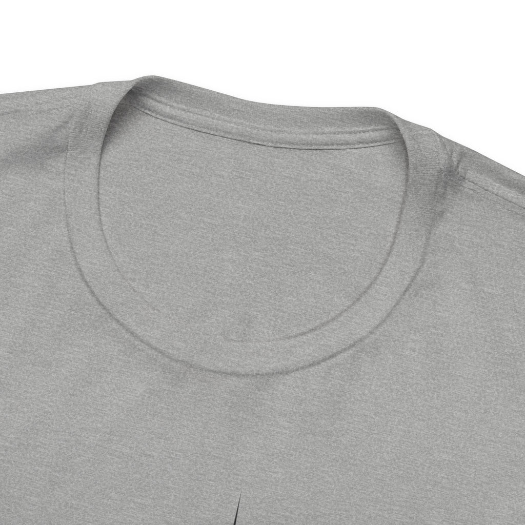 Close-up of the neckline of a gray t-shirt with a graphic design of a bowling ball smashing into pins on a white background