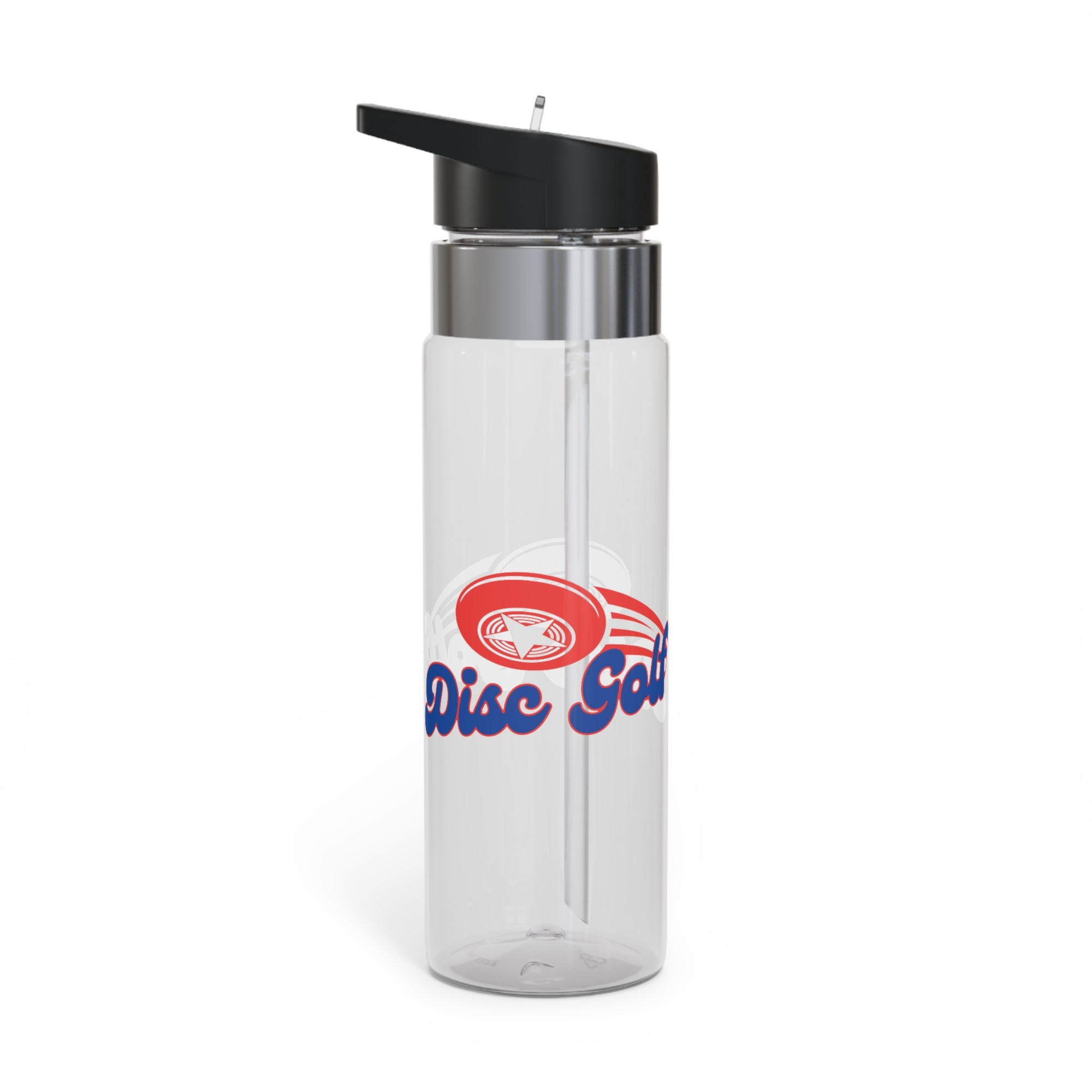 A clear water bottle with a lid, featuring the words 'Disc Golf' in a blue script text outlined in red and disc golf with motion trails, against a white background