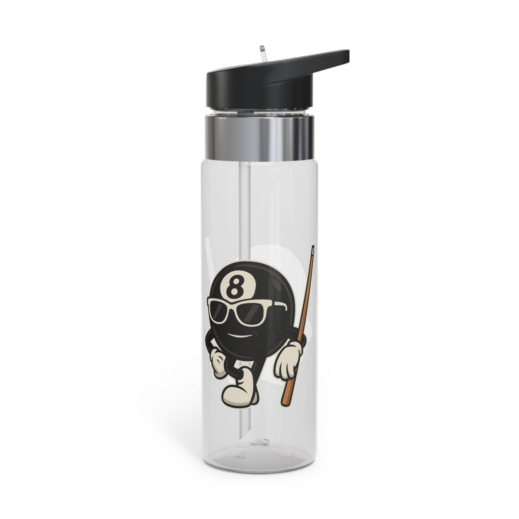 A clear water bottle with a black lid, featuring a graphic of a cartoon billiards 8 ball with arms and legs and wearing sunglasses and leaning on a cue stick, on a white background