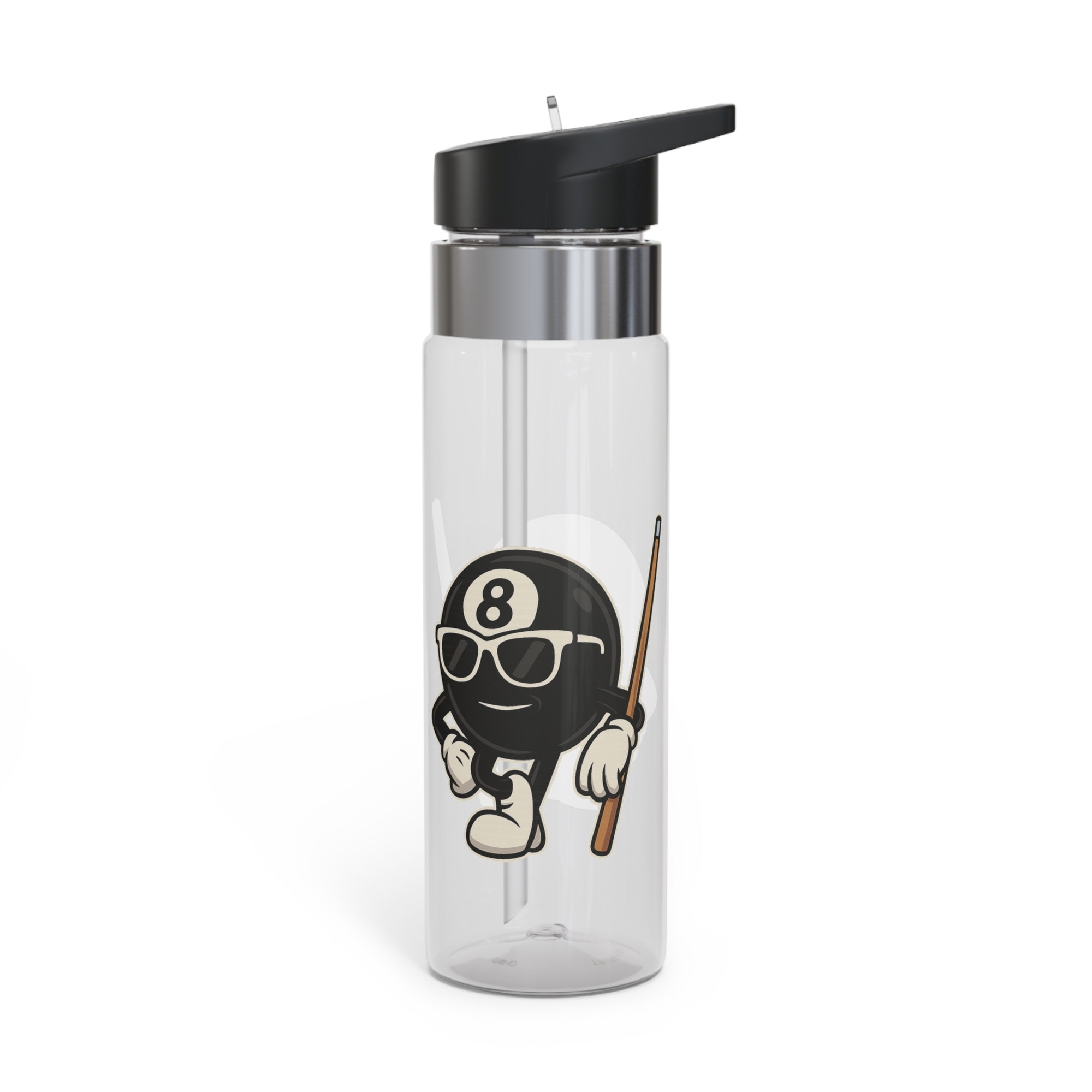 A clear water bottle with a black lid, featuring a graphic of a cartoon billiards 8 ball with arms and legs and wearing sunglasses and leaning on a cue stick, on a white background