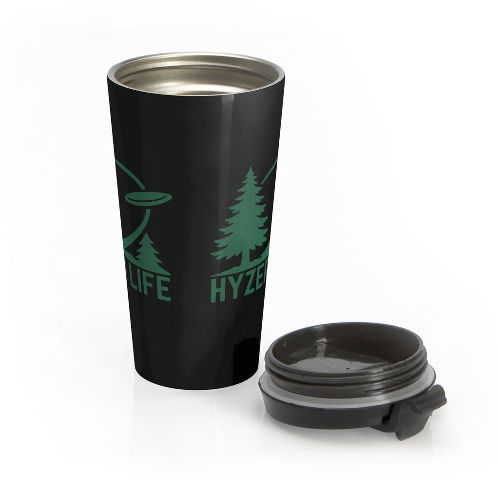 Black stainless steel travel mug with lid  next to the mug with green graphic of trees and a disc golf flying with the words 'HYZER LIFE' below the image on a white background.