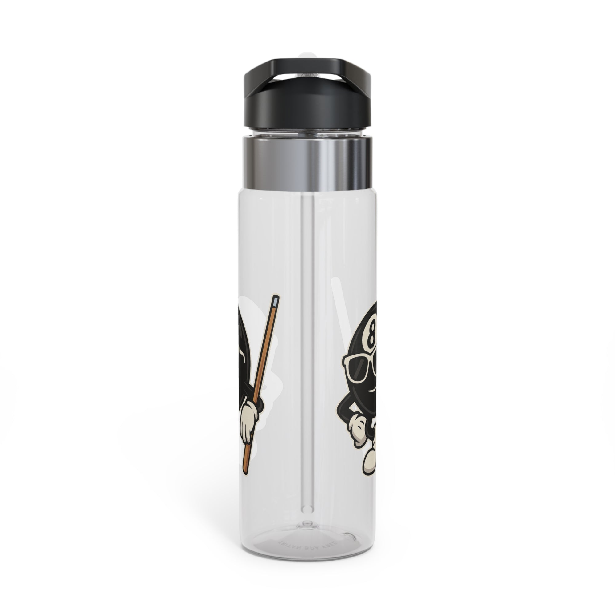 A clear water bottle with a black lid, featuring a graphic of a cartoon billiards 8 ball with arms and legs and wearing sunglasses and leaning on a cue stick, on a white background