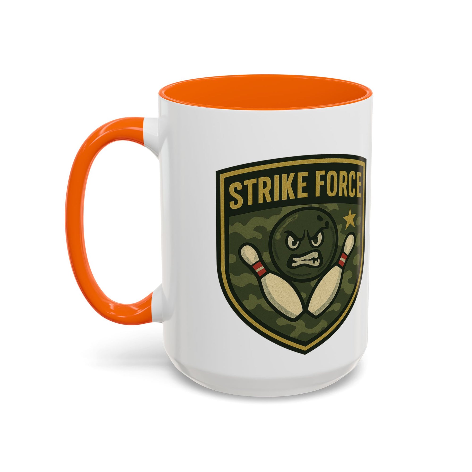 A white ceramic coffee mug with orange accents on the handle and interior, with bowling 'Strike Force' military-style patch on a white background