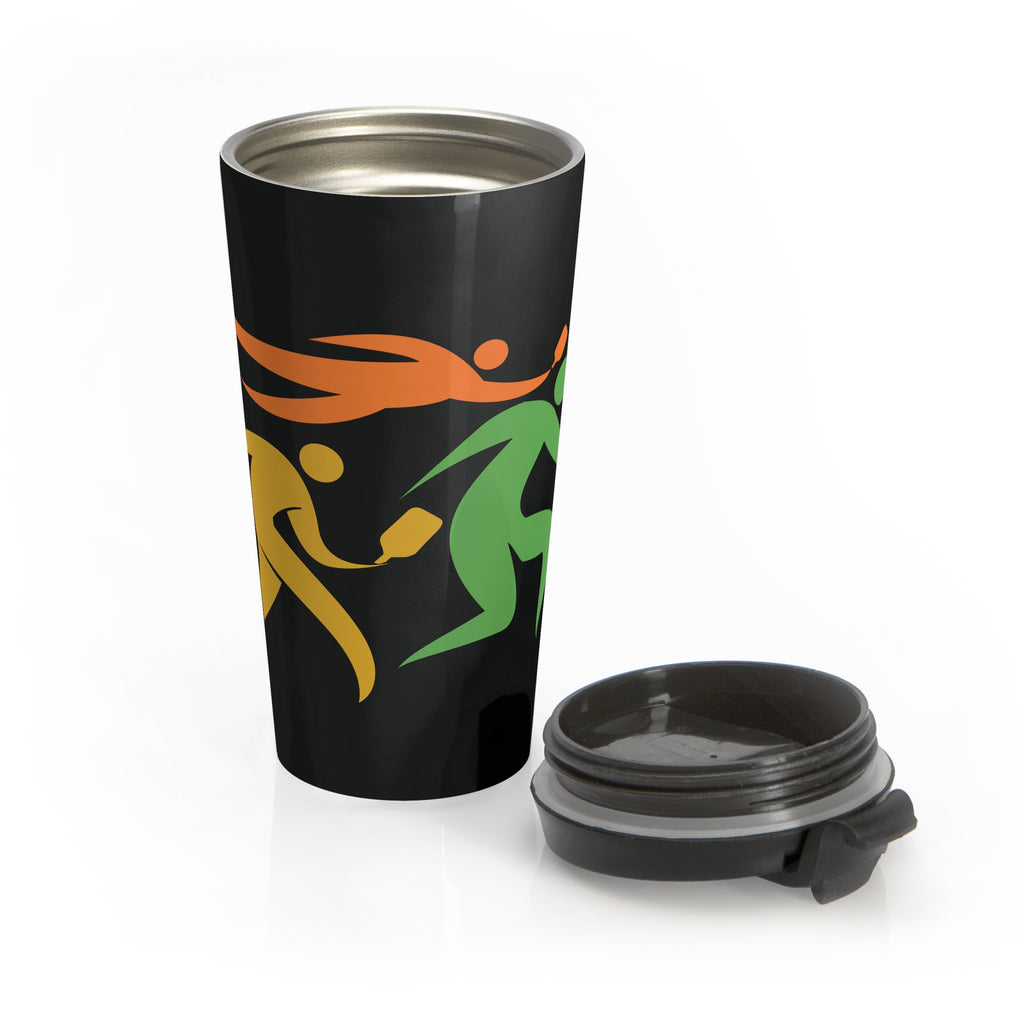 Black travel coffee mug with the lid sitting next to the mug, featuring an image of four colorful pickleball player drawings playing pickleball against a white background