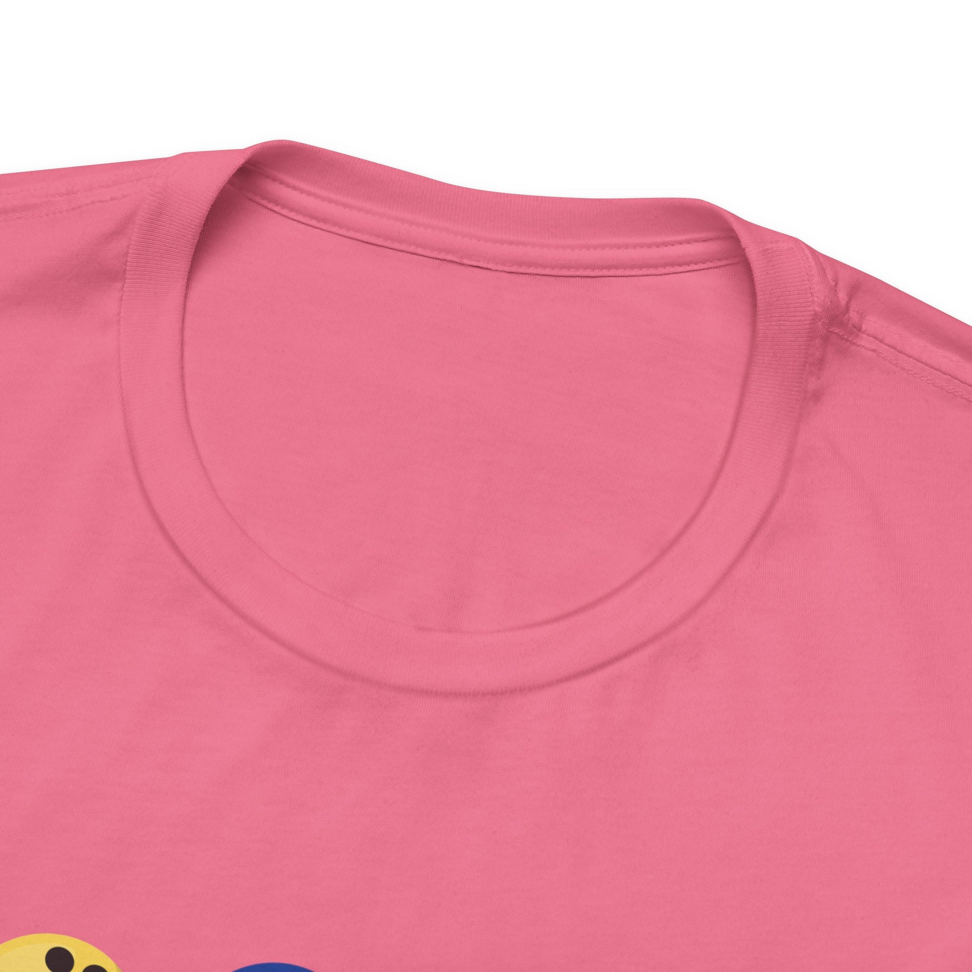 Close-up of the neckline of a pink t-shirt with colorful flowers made out of bowling balls, on a white background