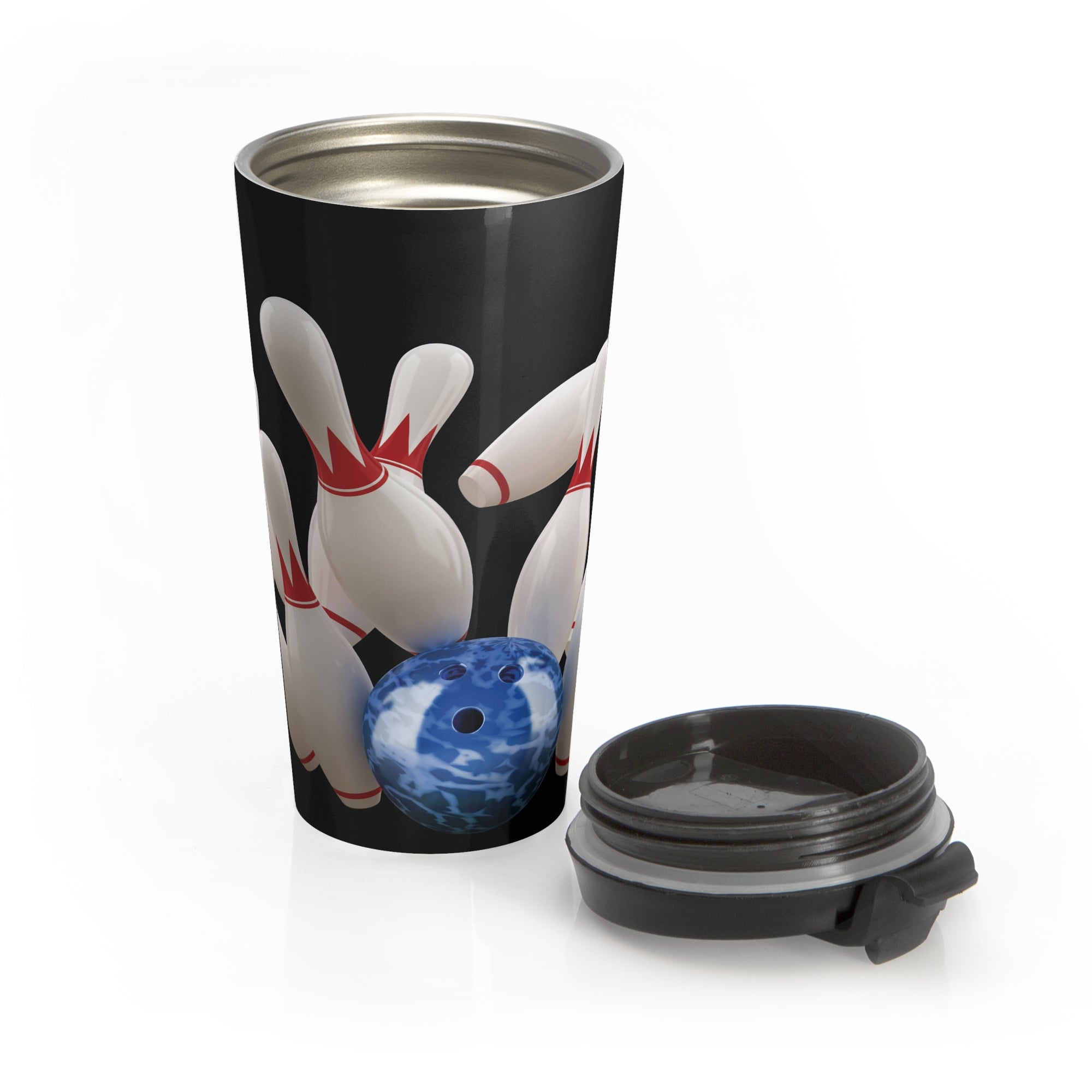 Black travel mug with a lid next to the mug, with a graphic of a blue bowling ball knocking over bowling pins, on a white background