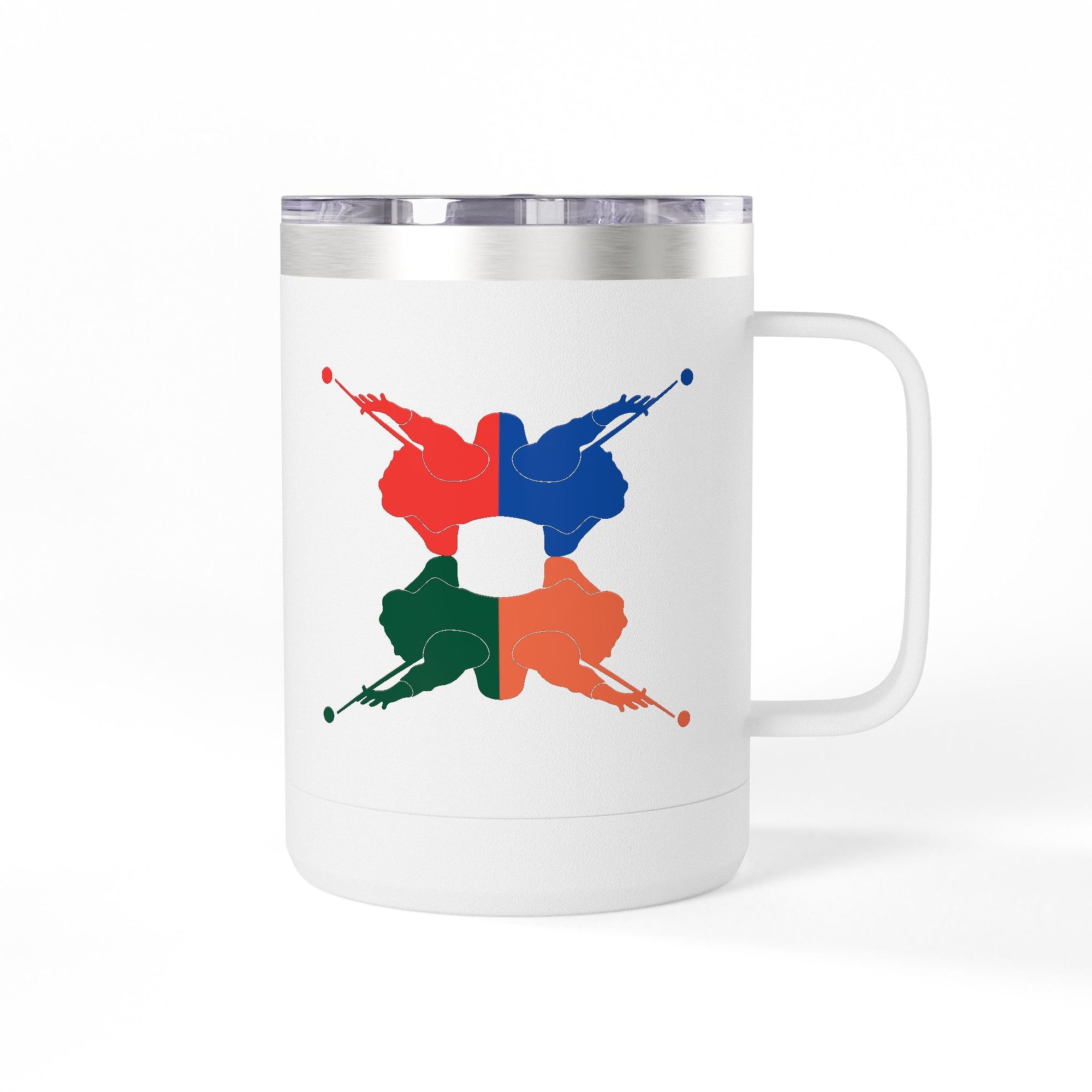 White travel mug tumbler with handle and lid, with colorful graphic of 4 billiards player silhouettes in a pop art style, against a white background