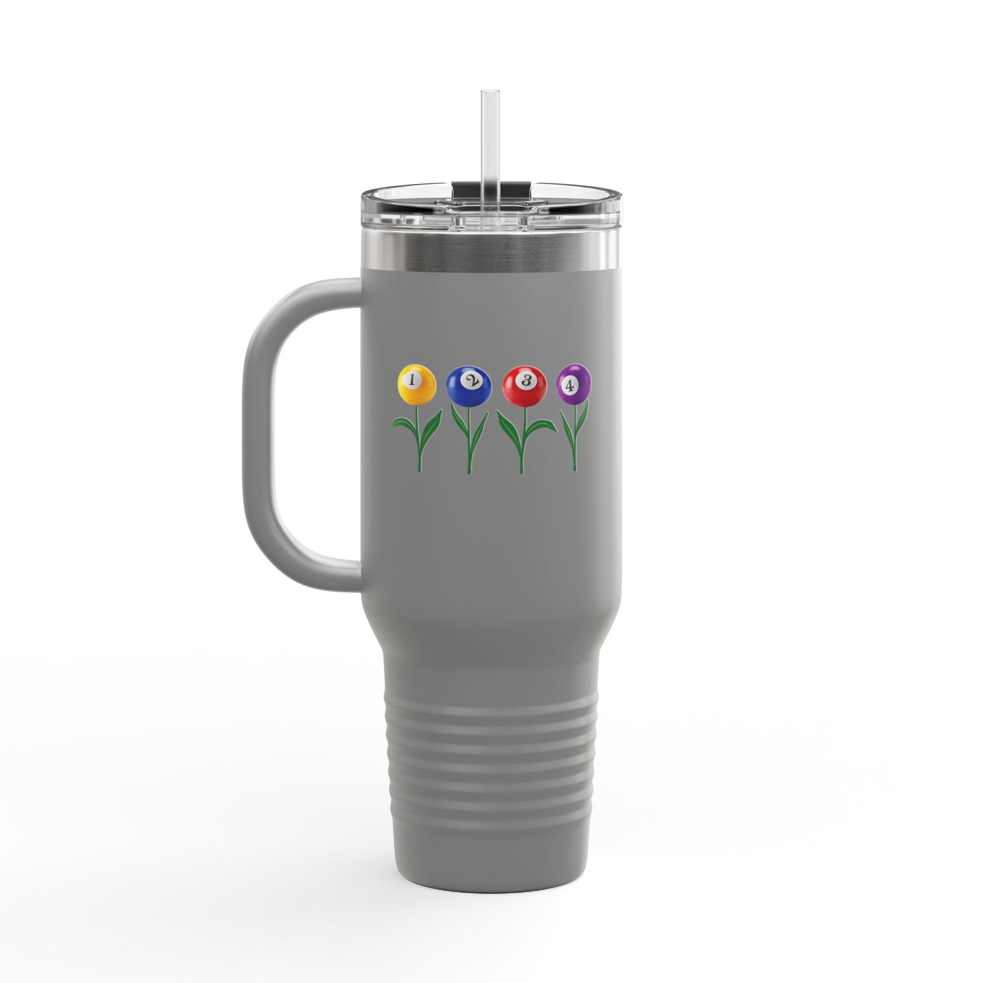 A gray 40oz travel tumbler with lid and straw, with four colorful flowers made out of billiards balls with green stems, on a white background
