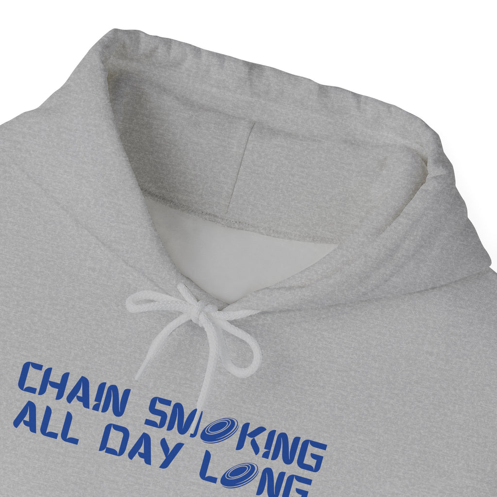 Close-up of the neckline of a gray hoodie with 'CHAIN SMOKING ALL DAY LONG' text with the O's replaced by disc golf discs, against a white background