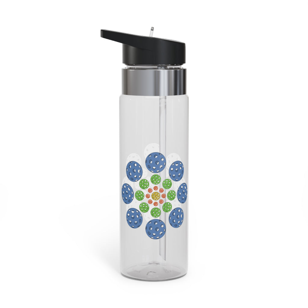 Clear water bottle with colorful geometric design of pickleballs and black lid on a white background