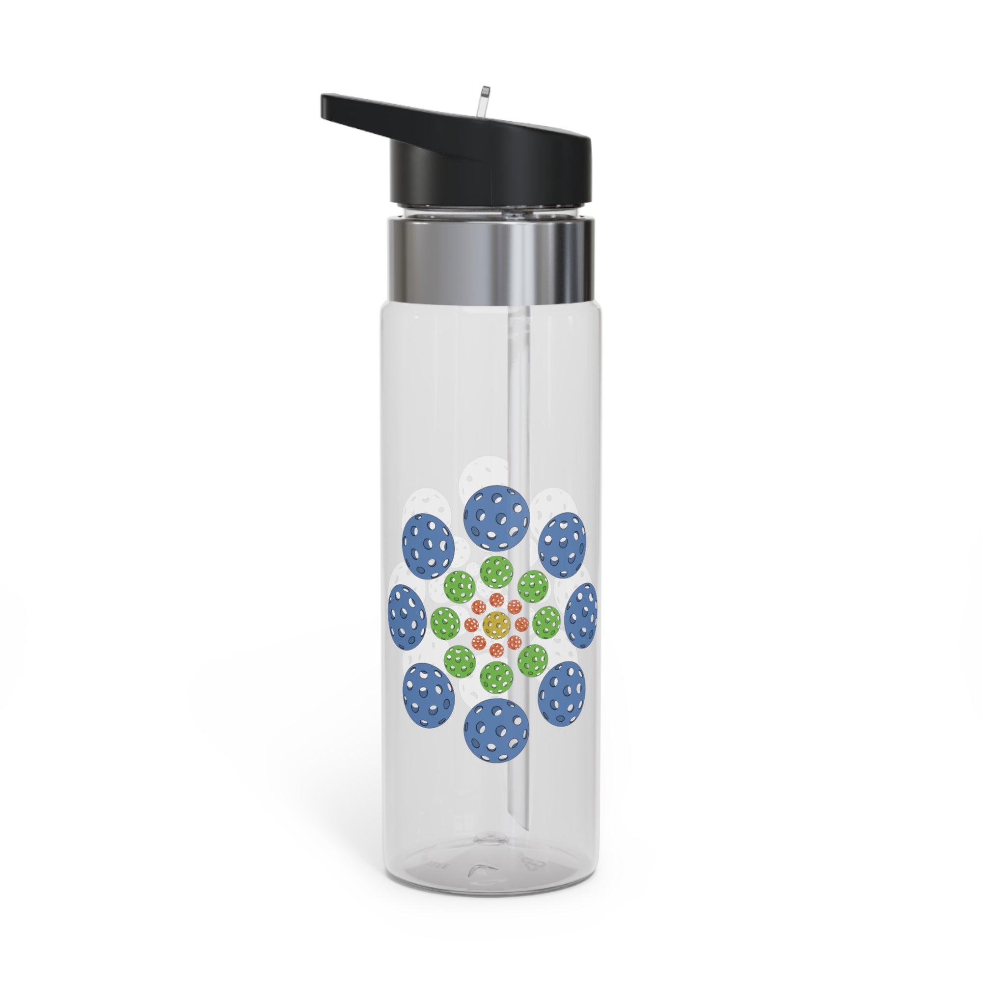 Clear water bottle with colorful geometric design of pickleballs and black lid on a white background