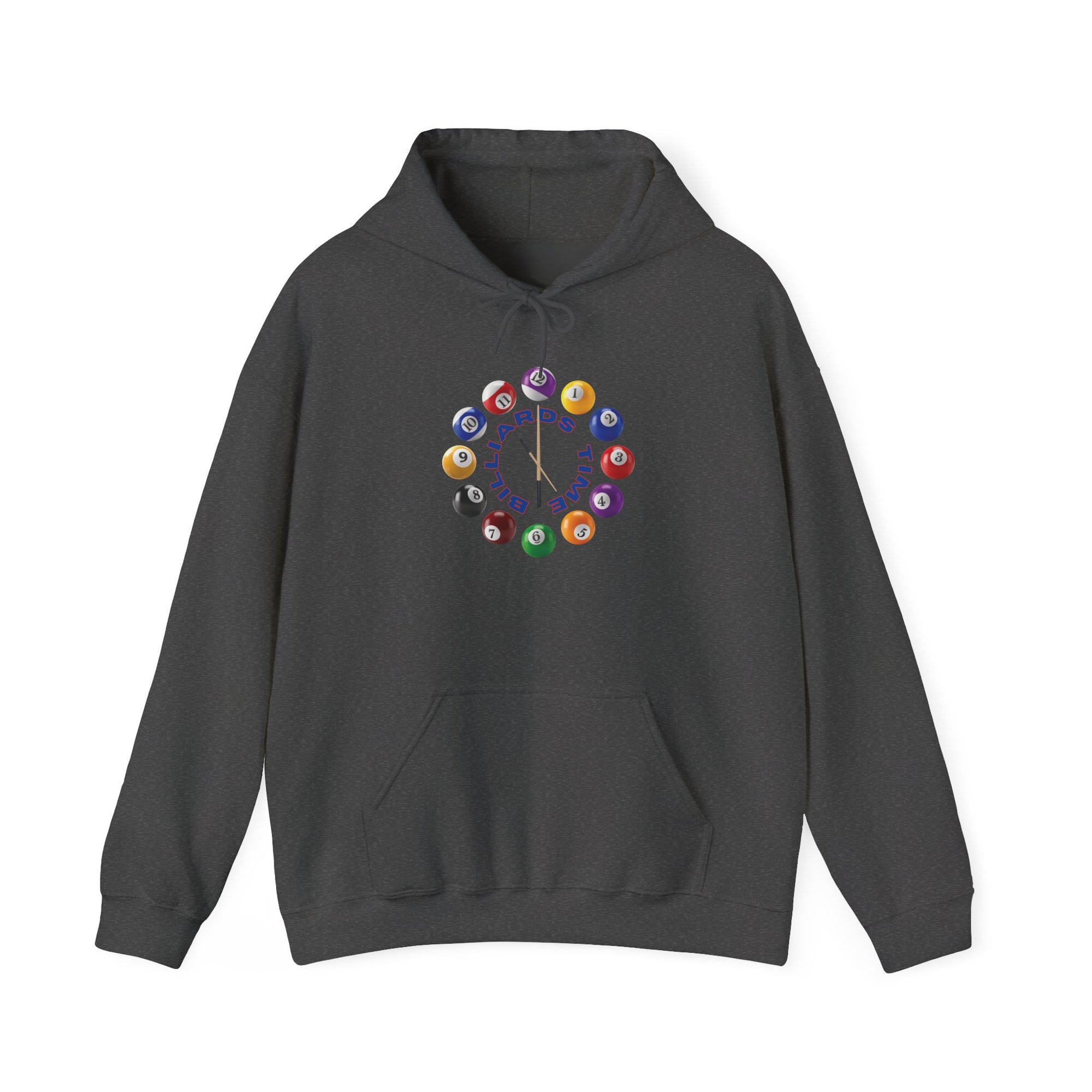 Dark gray hoodie with the text "Billiards Time" surrounded by a clock made up of colorful billiard balls and cue sticks, on a white background