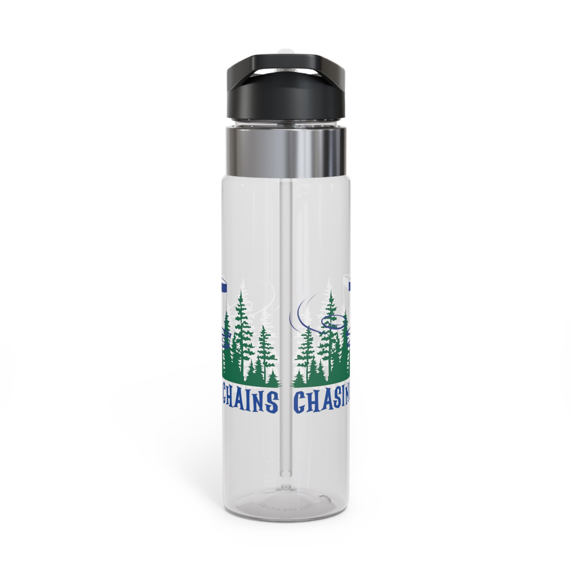 A clear water bottle with 'Chasing Chains' graphic featuring a flying disc golf disc and basket and chains in front of a scenic evergreen tree landscape, against a white background