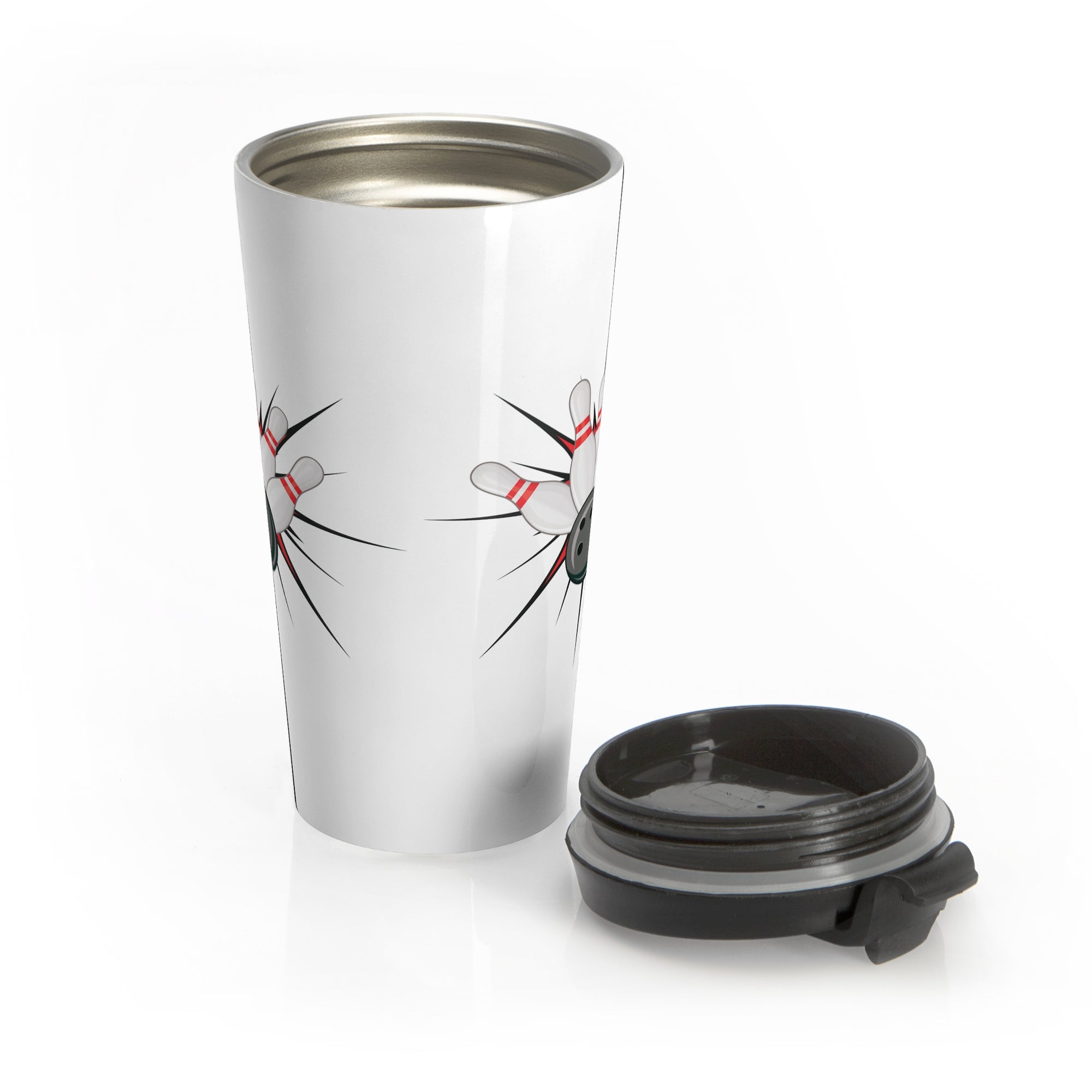 A white travel mug with a black lid next to the mug, with a graphic design of a bowling ball smashing into pins on a white background