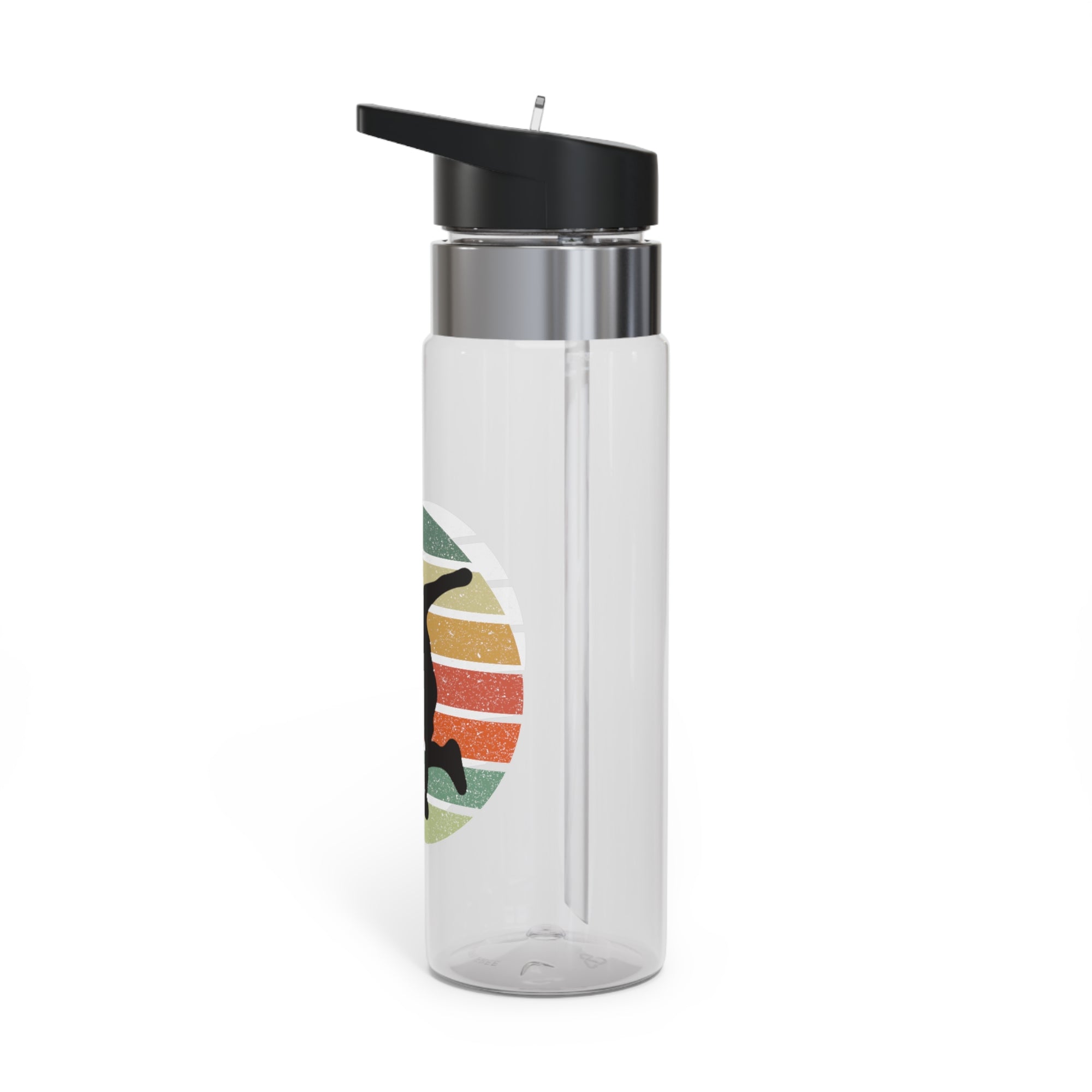 Side view of a clear water bottle with a colorful design featuring a silhouette of a person playing disc golf over a colorful retro design, with a black lid on a white background