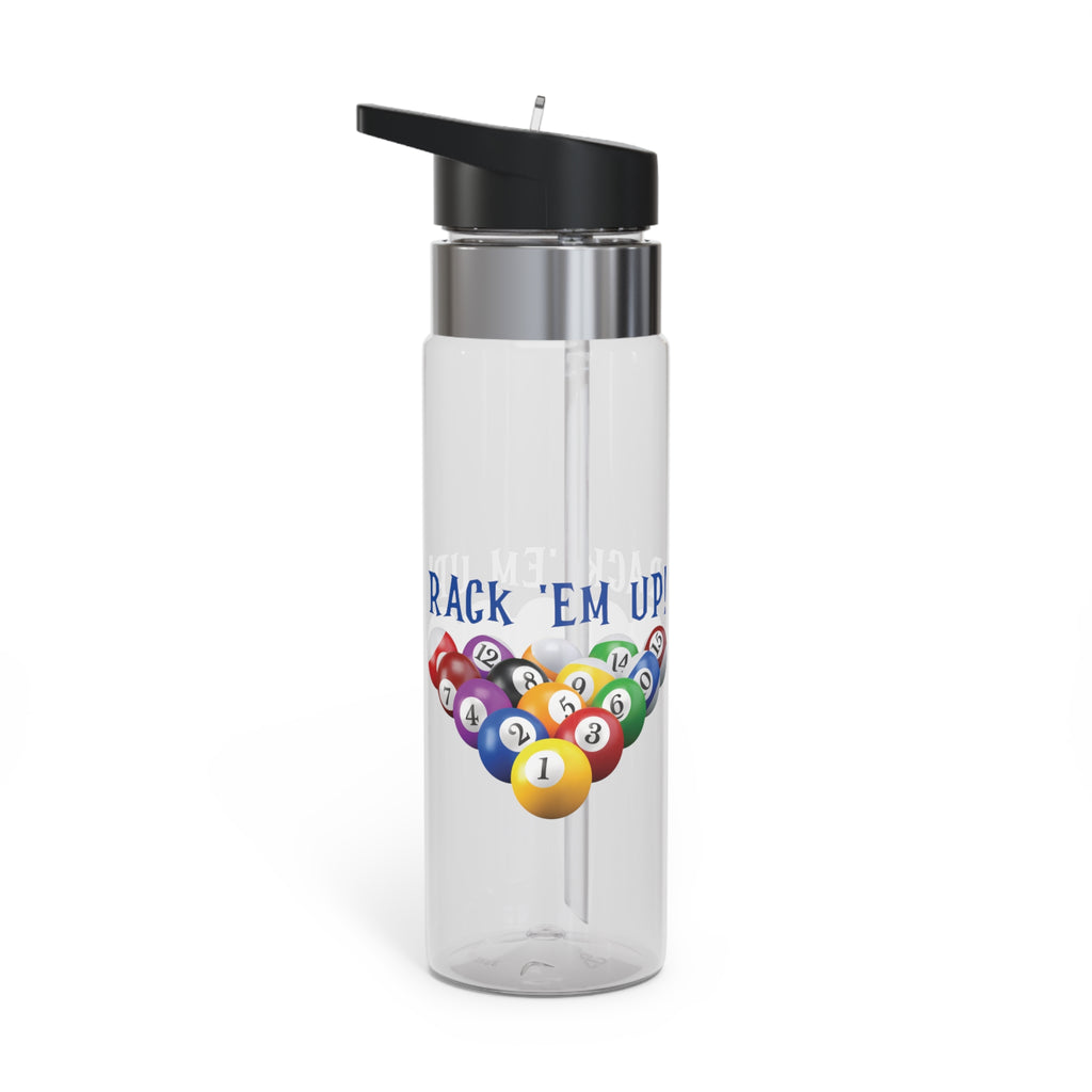Clear water bottle with lid, with racked pool ball design and 'Rack 'Em Up!' text, against a white background
