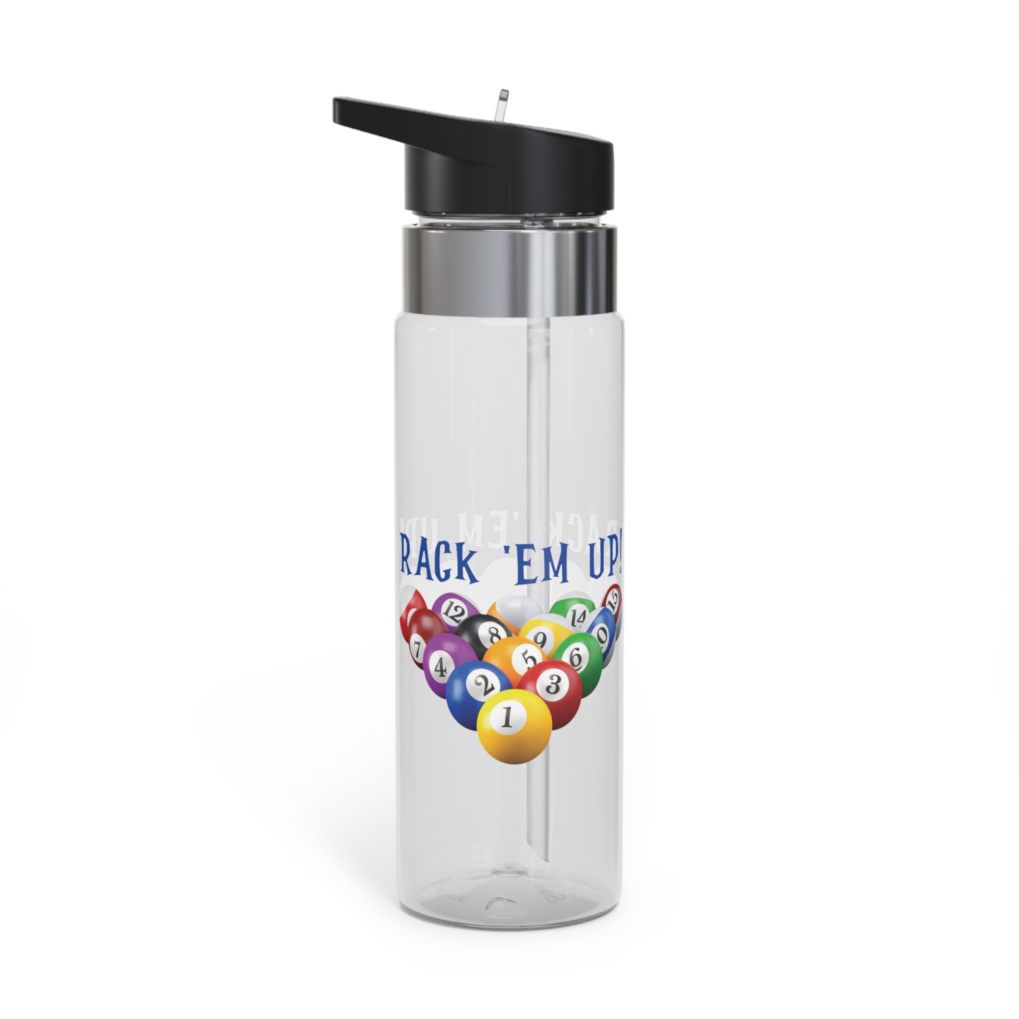 Clear water bottle with lid, with racked pool ball design and 'Rack 'Em Up!' text, against a white background