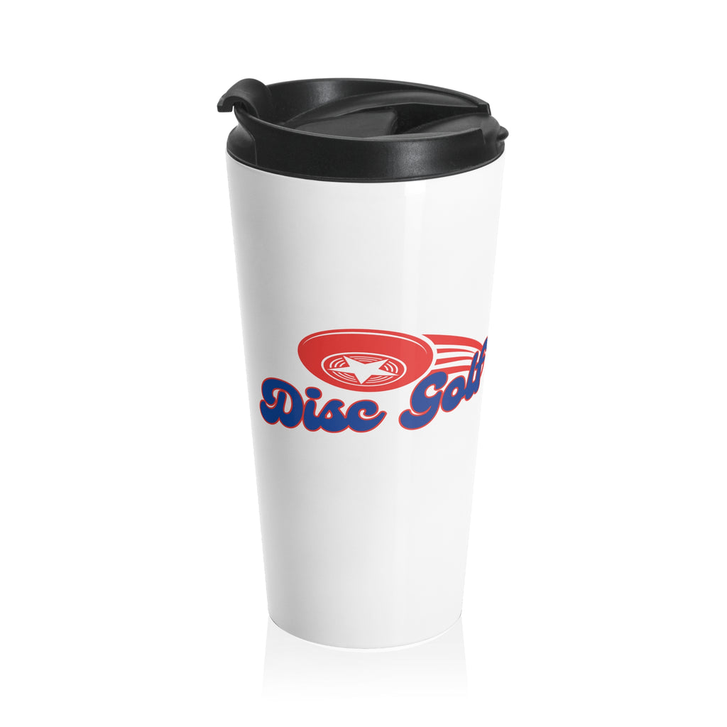 A white travel mug tumbler with a lid featuring the words 'Disc Golf' in a blue script text outlined in red and disc golf with motion trails, against a white background