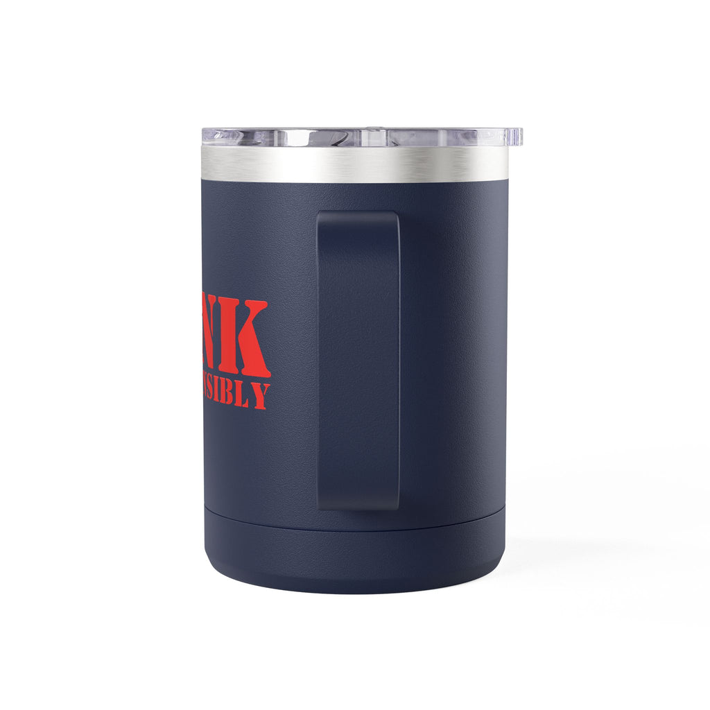 The back of a blue travel coffee mug  with a handle and lid, with red text 'DINK RESPONSIBLY' with a pickleball replacing the "O" in "Responsibly" against a white background