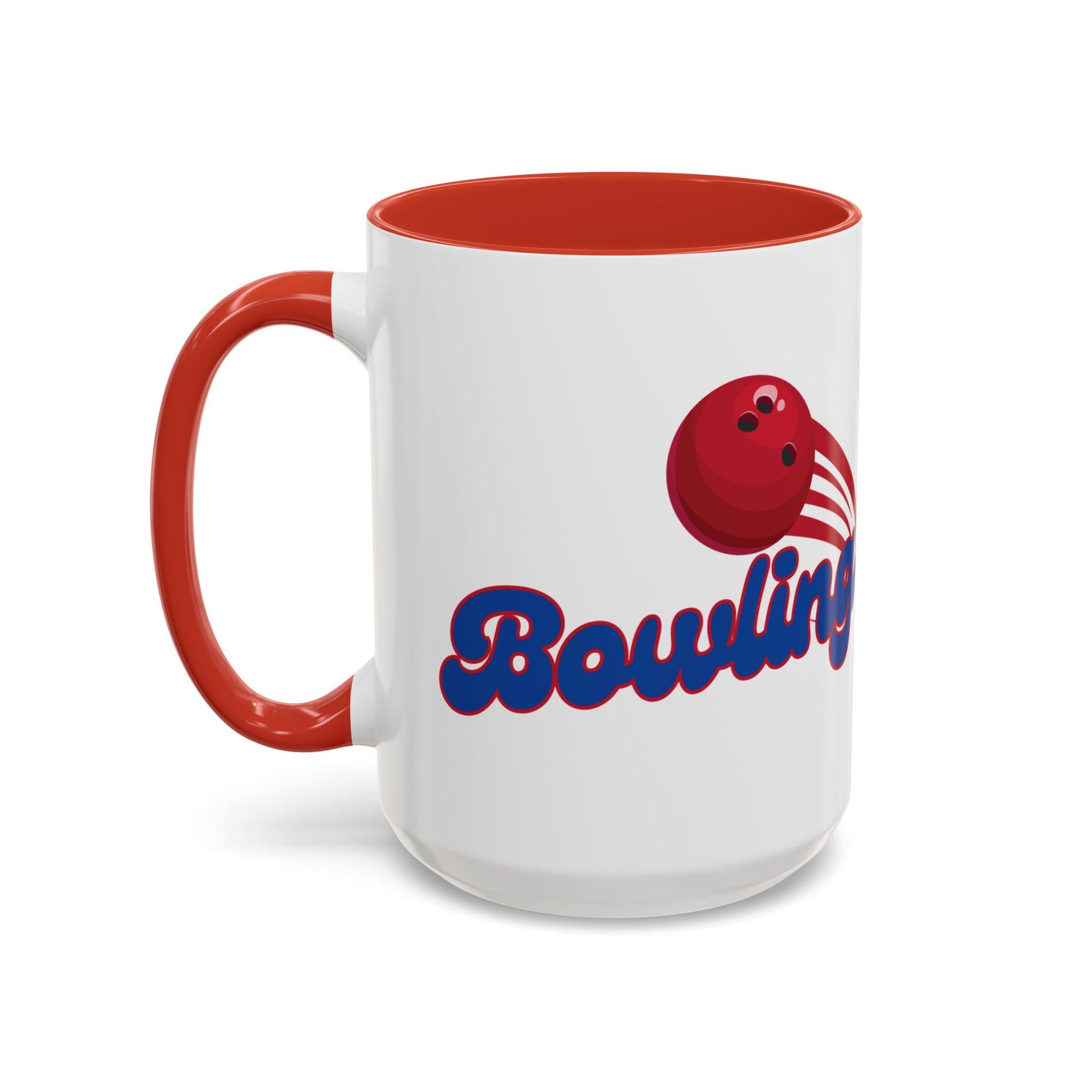 A white ceramic coffee mug with red accents on the handle and interior, with a red bowling ball graphic and 'Bowling' text on a white background