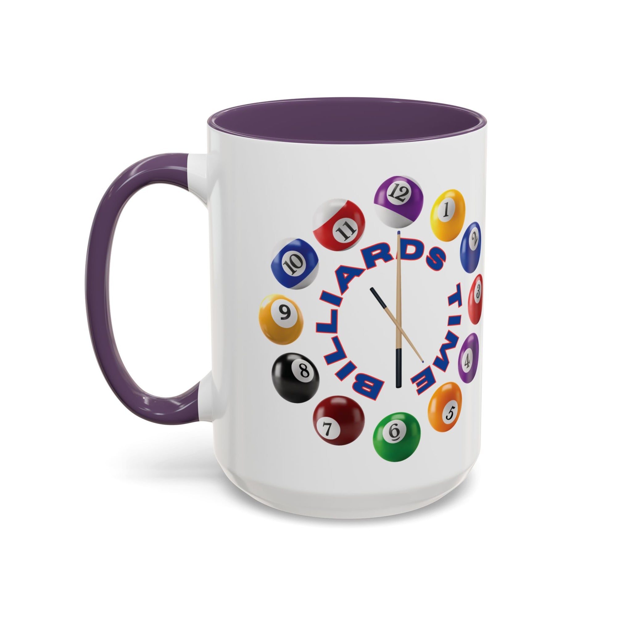 A white ceramic coffee mug with purple accents on the handle and interior, with the text "Billiards Time" surrounded by a clock made up of colorful billiard balls and cue sticks, on a white background