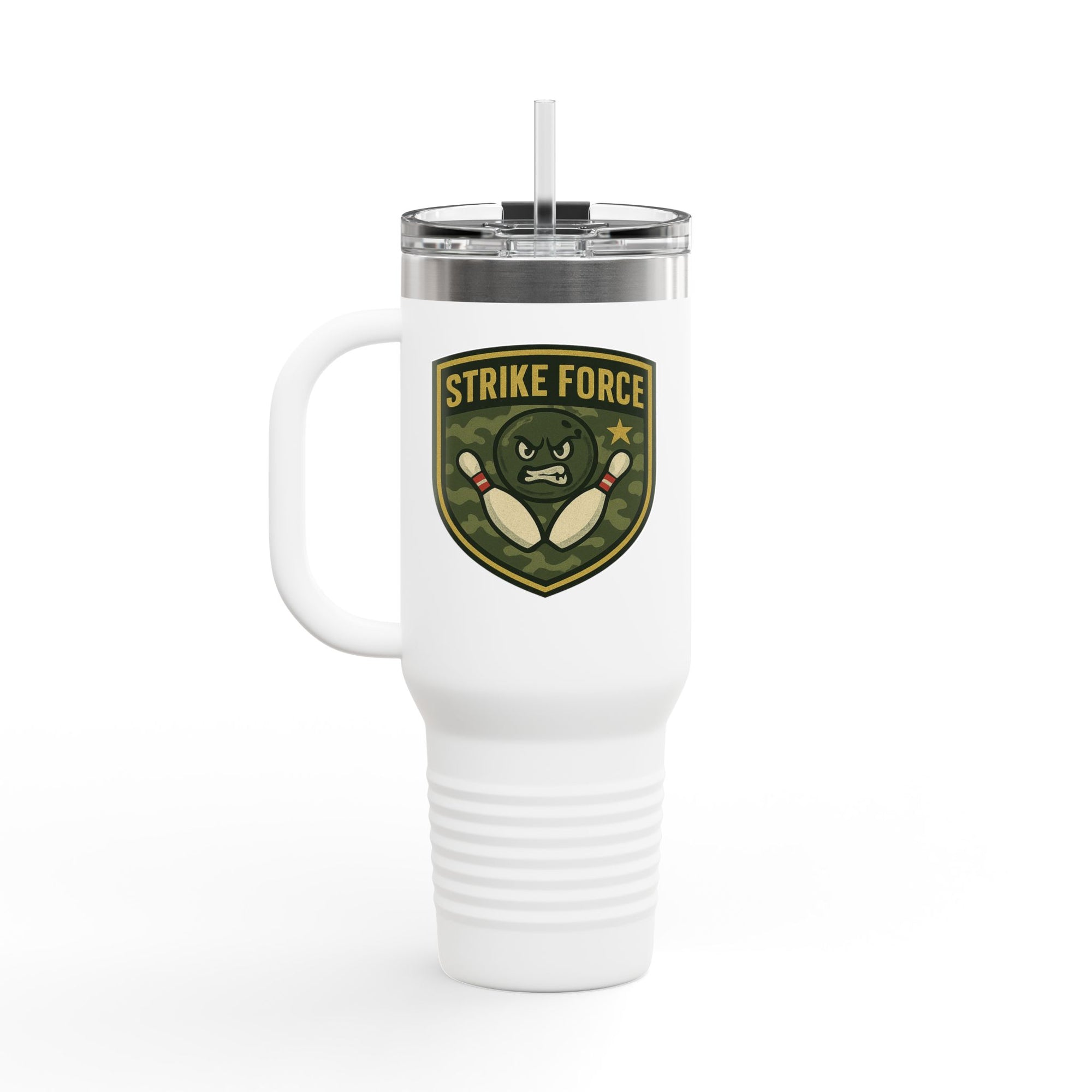 White 40oz travel mug with lid and straw, with bowling 'Strike Force' military-style patch on a white background