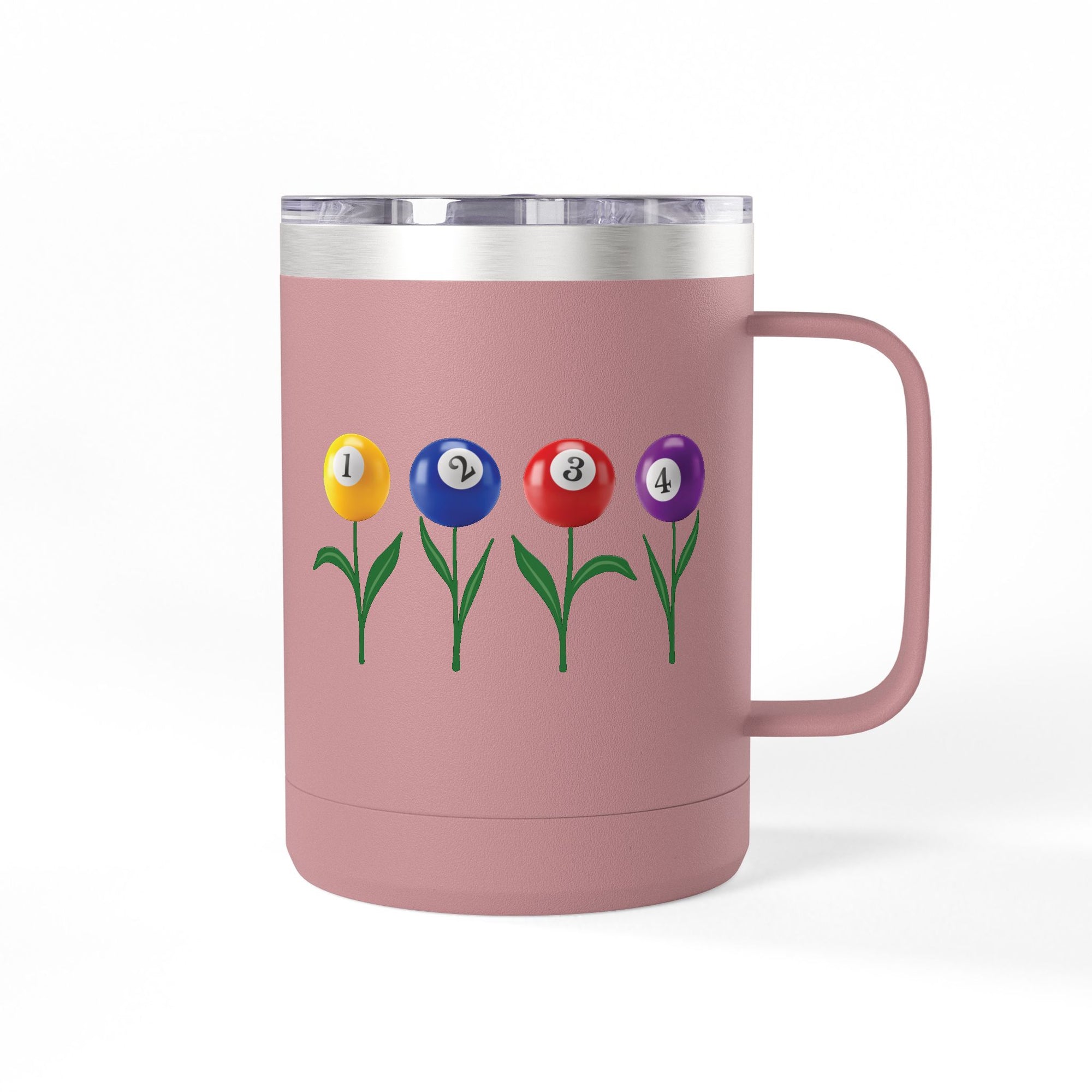 A pink travel coffee tumbler mug with handle and lid, with four colorful flowers made out of billiards balls with green stems, on a white background