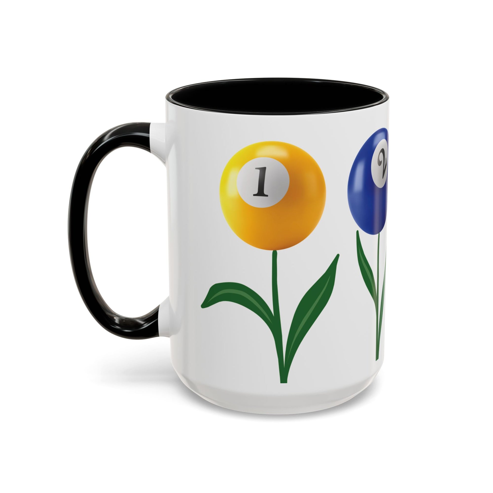 A white ceramic coffee mug with black accents on the handle and interior, with four colorful flowers made out of billiards balls with green stems, on a white background