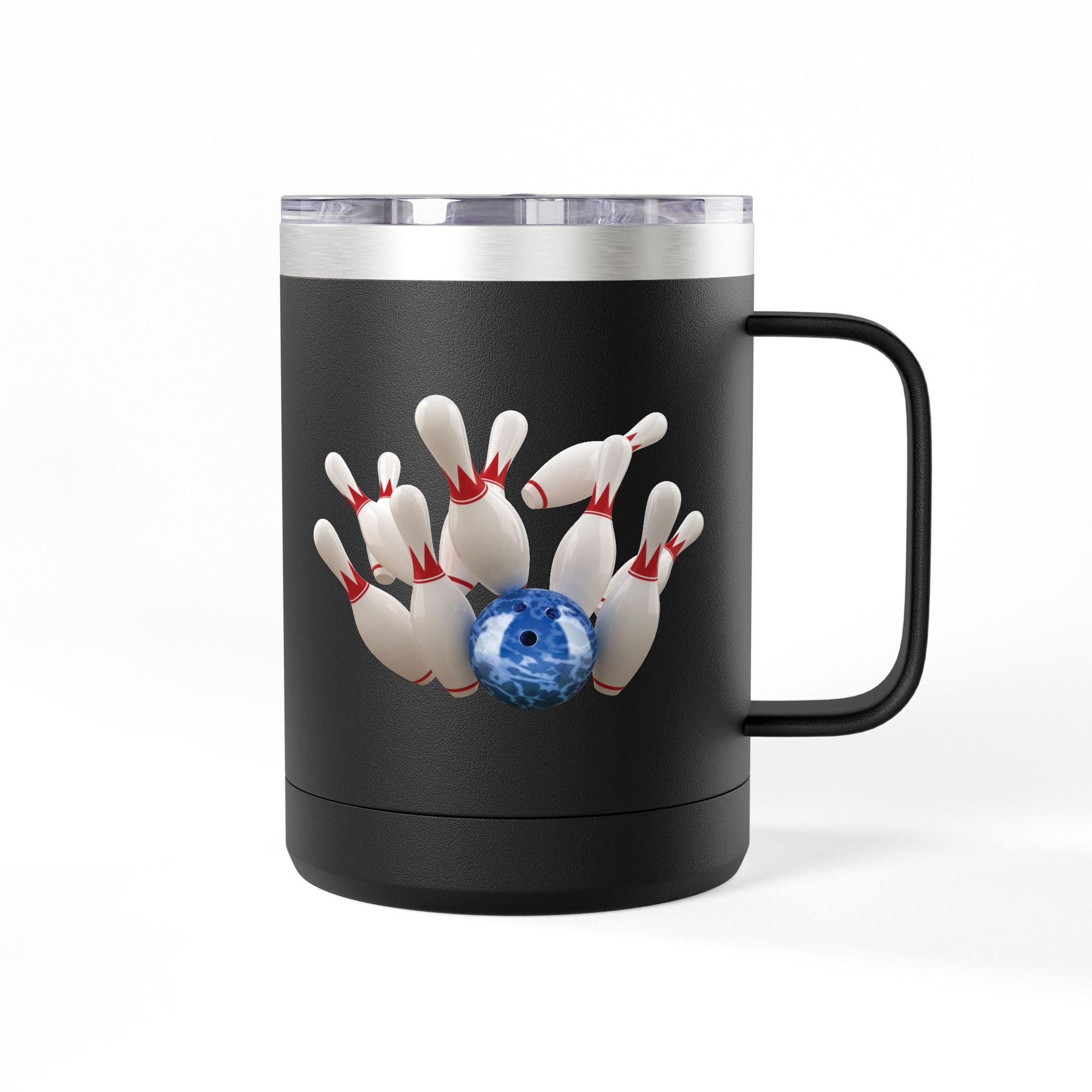 A black travel coffee tumbler mug with handle and lid, with a graphic of a blue bowling ball knocking over bowling pins, on a white background