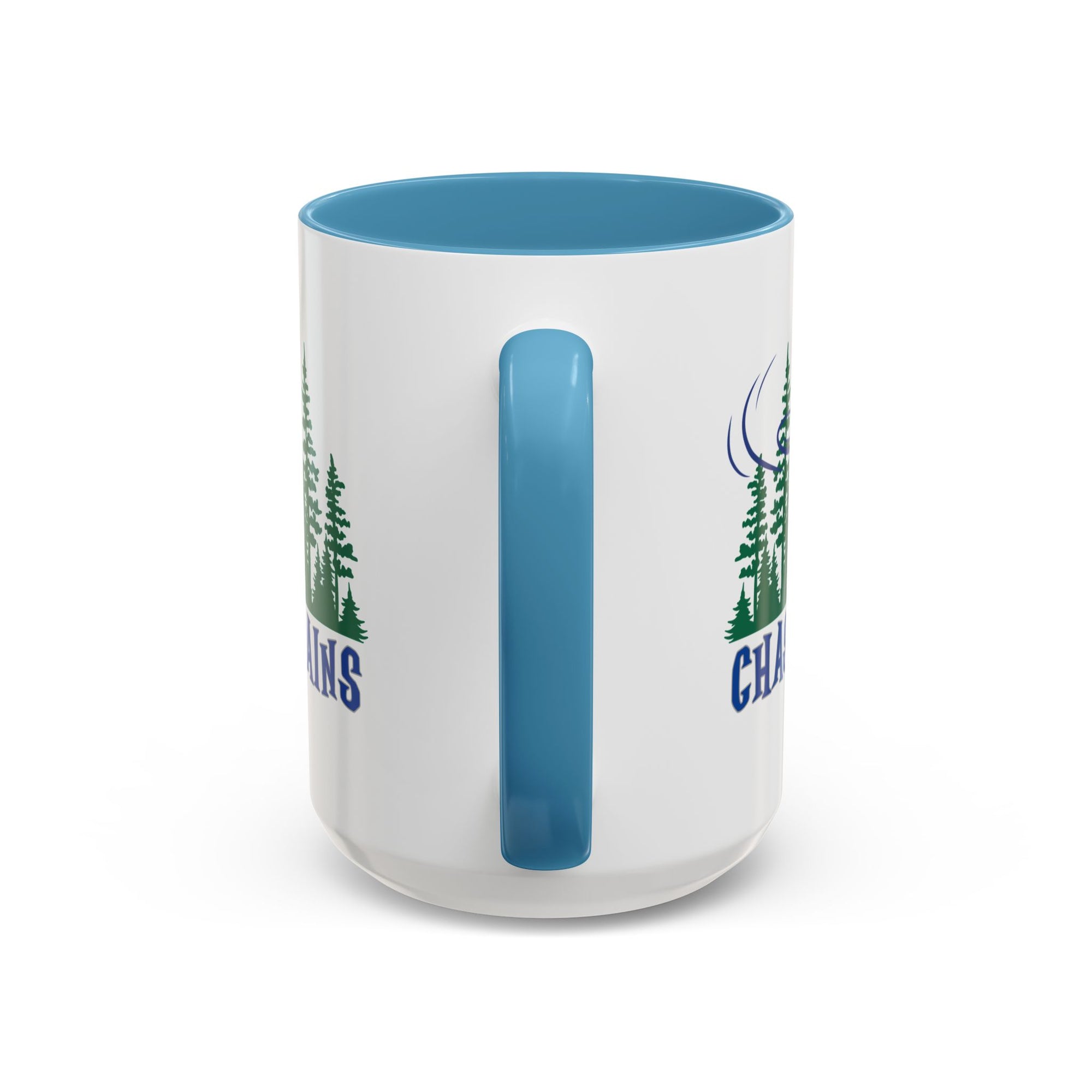 Back view of the handle of a ceramic coffee mug with blue accents on the handle and interior, with 'Chasing Chains' graphic featuring a flying disc golf disc and basket and chains in front of a scenic evergreen tree landscape, against a white background