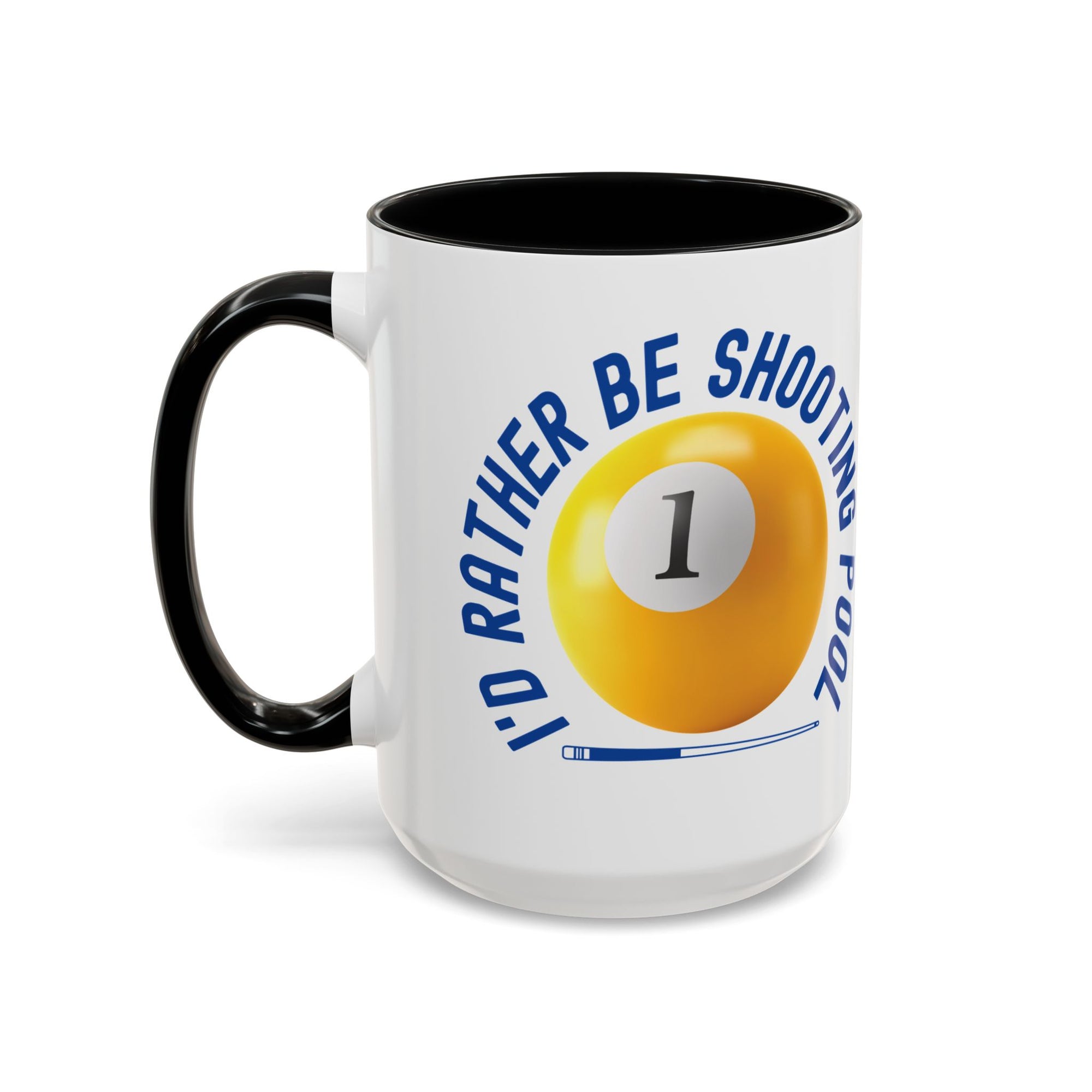 Ceramic coffee mug with black accents on the handle and interior, with a yellow billiards ball and cue stick graphic and the text "I'd Rather Be Shooting Pool" on a white background