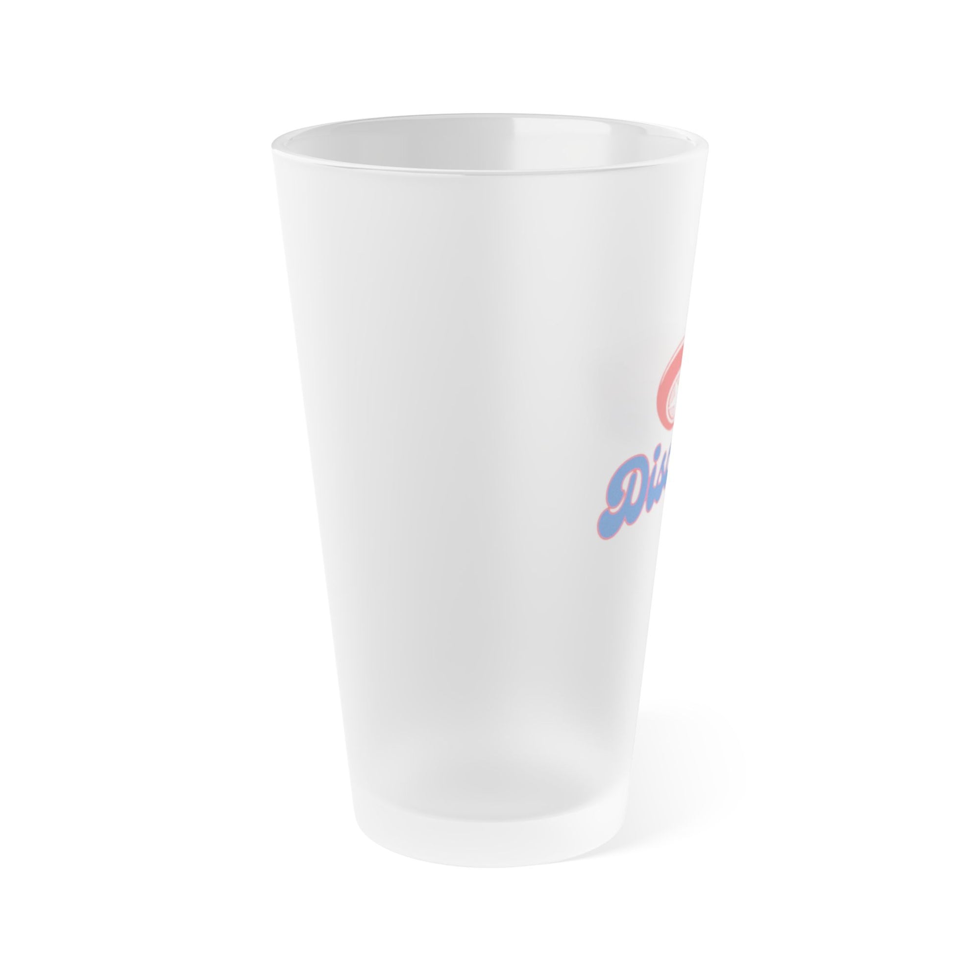 Side view of a frosted pint glass with "Disc Golf" in script font with a disc golf disc above it with motion trails, on a white background
