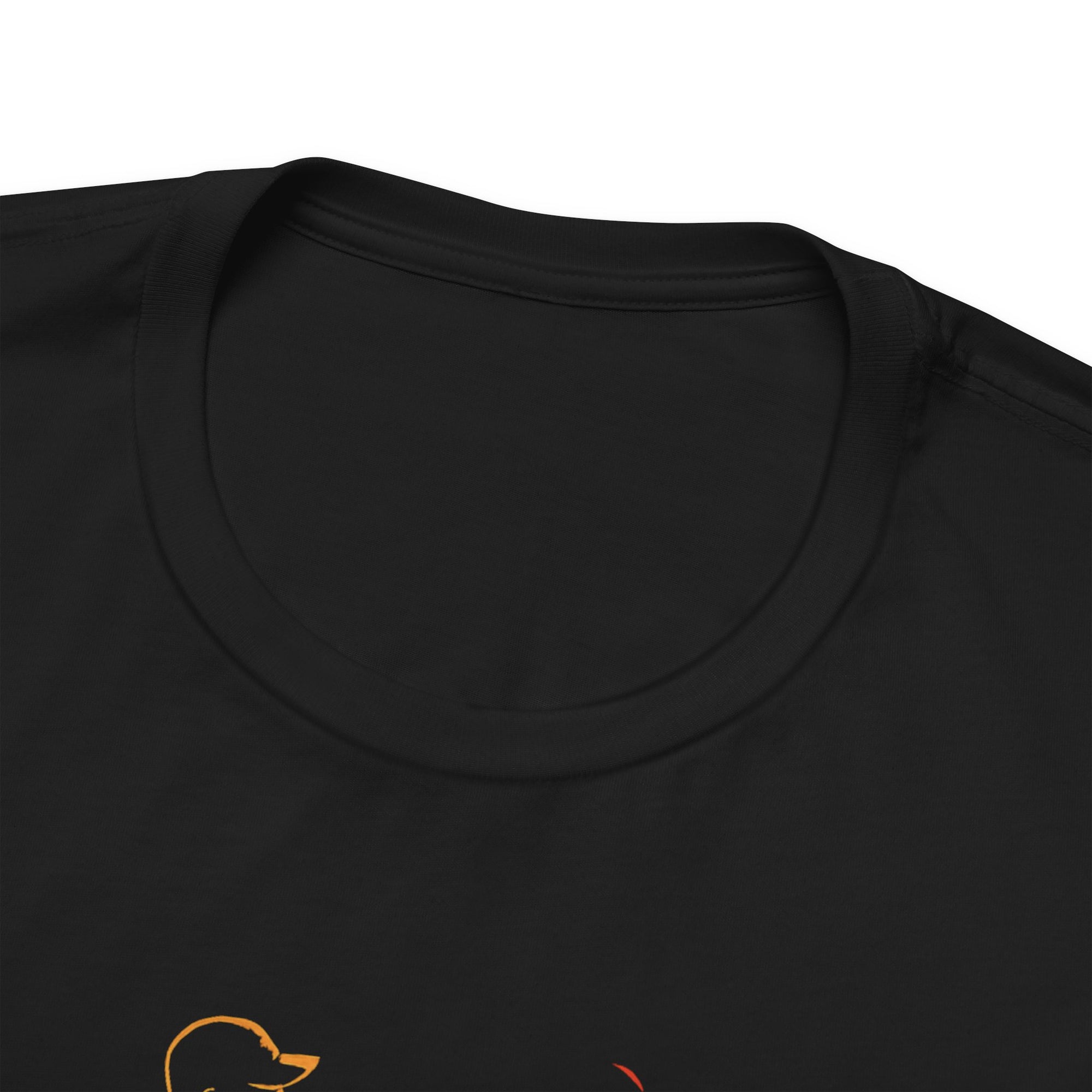 The neckline view of a black t-shirt with a graphic design of a person throwing a disc golf disc with flames coming off the disc and text 'Grip It or Rip It' on a hanger against a white background.