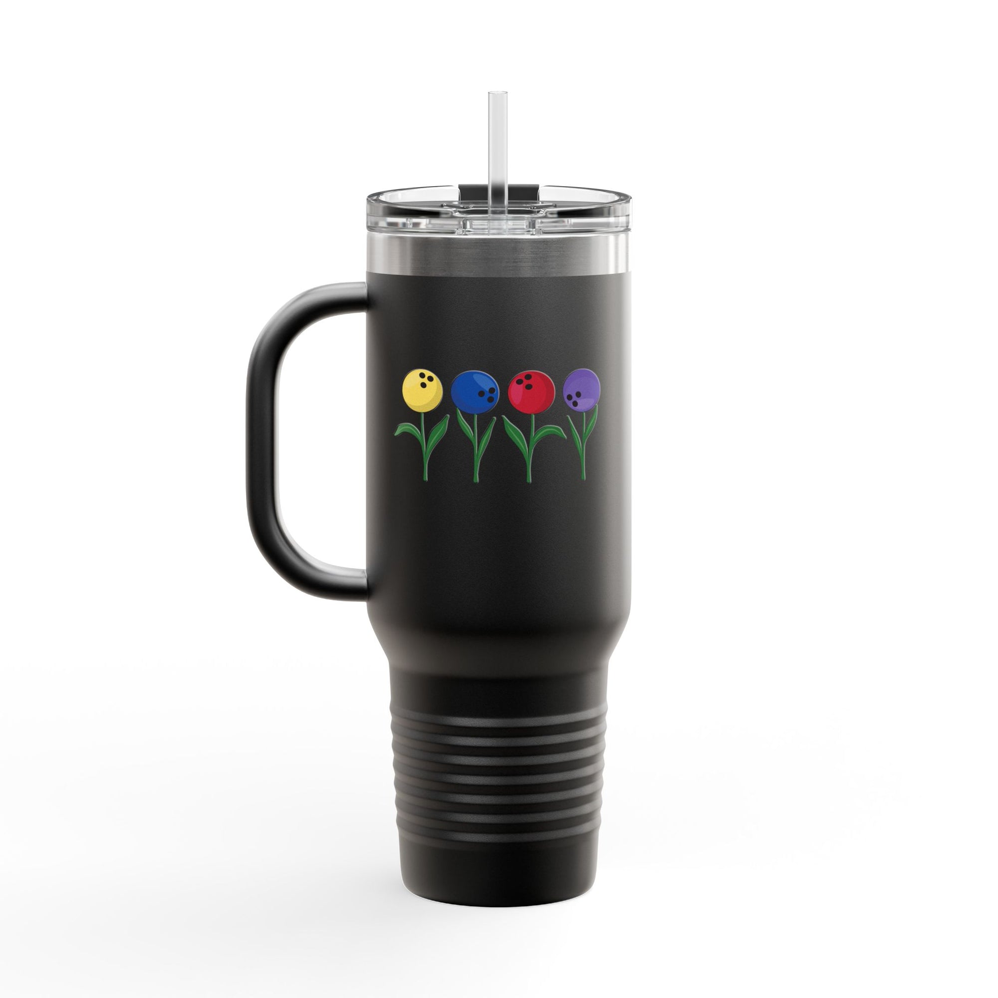 A black 40oz travel mug tumbler with lid, handle and straw, with colorful flowers made out of bowling balls, on a white background