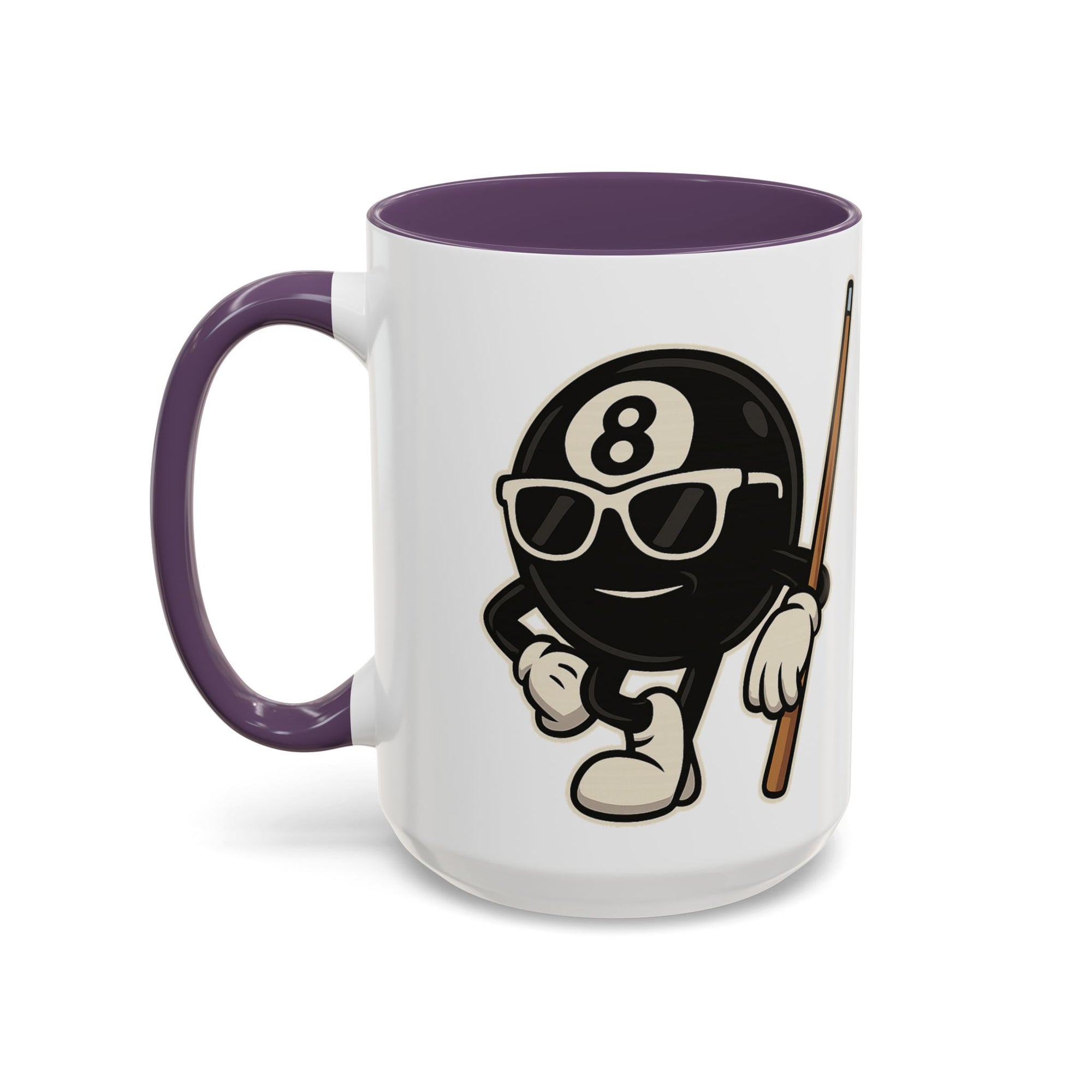A white ceramic coffee mug with purple accents on the handle and interior, with a graphic of a cartoon billiards 8 ball with arms and legs and wearing sunglasses and leaning on a cue stick, on a white background
