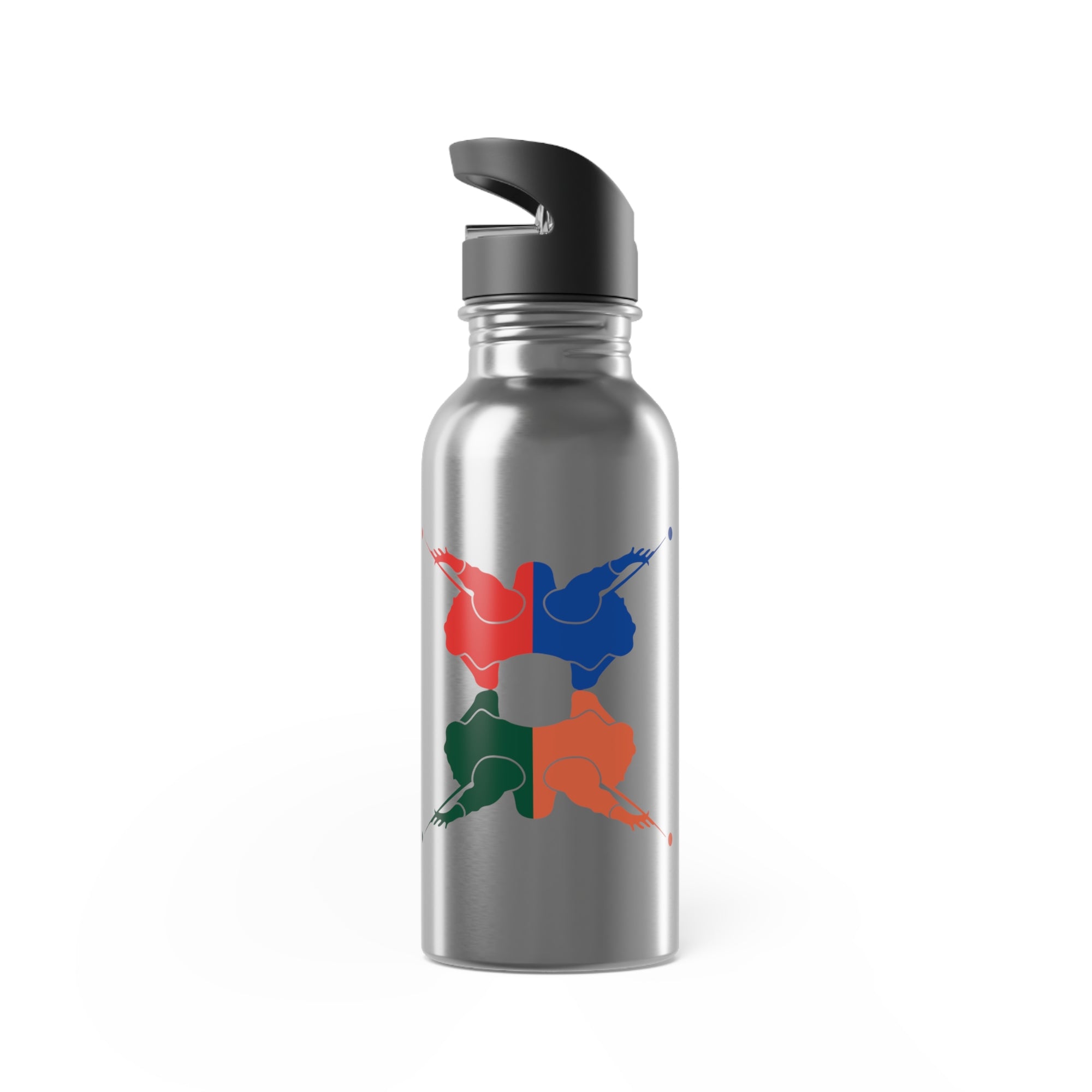 A stainless steel water bottle with colorful graphic of 4 billiards player silhouettes in a pop art style, against a white background